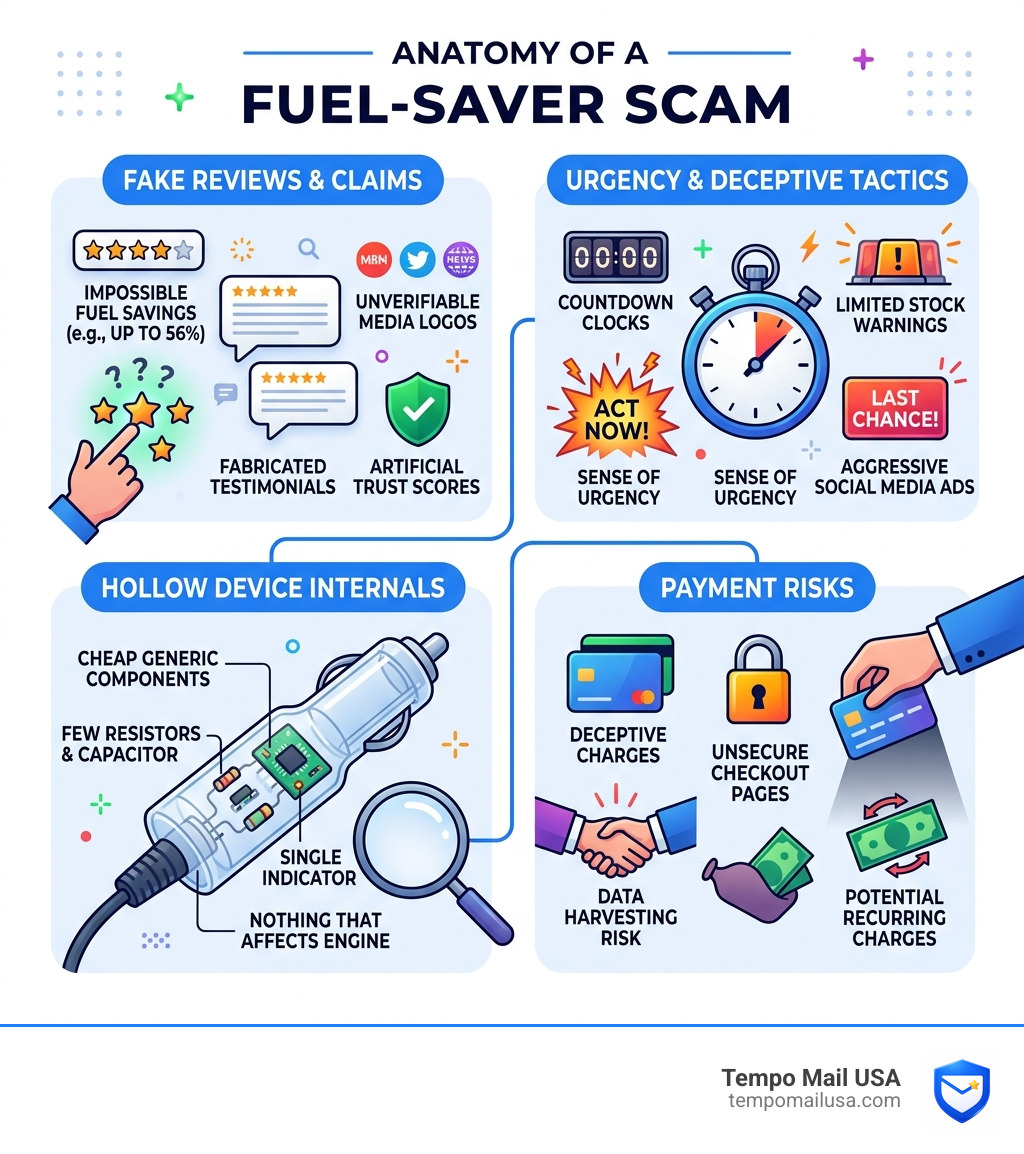 Anatomy of a fuel-saver scam infographic showing fake reviews urgency tactics hollow device internals and payment risks