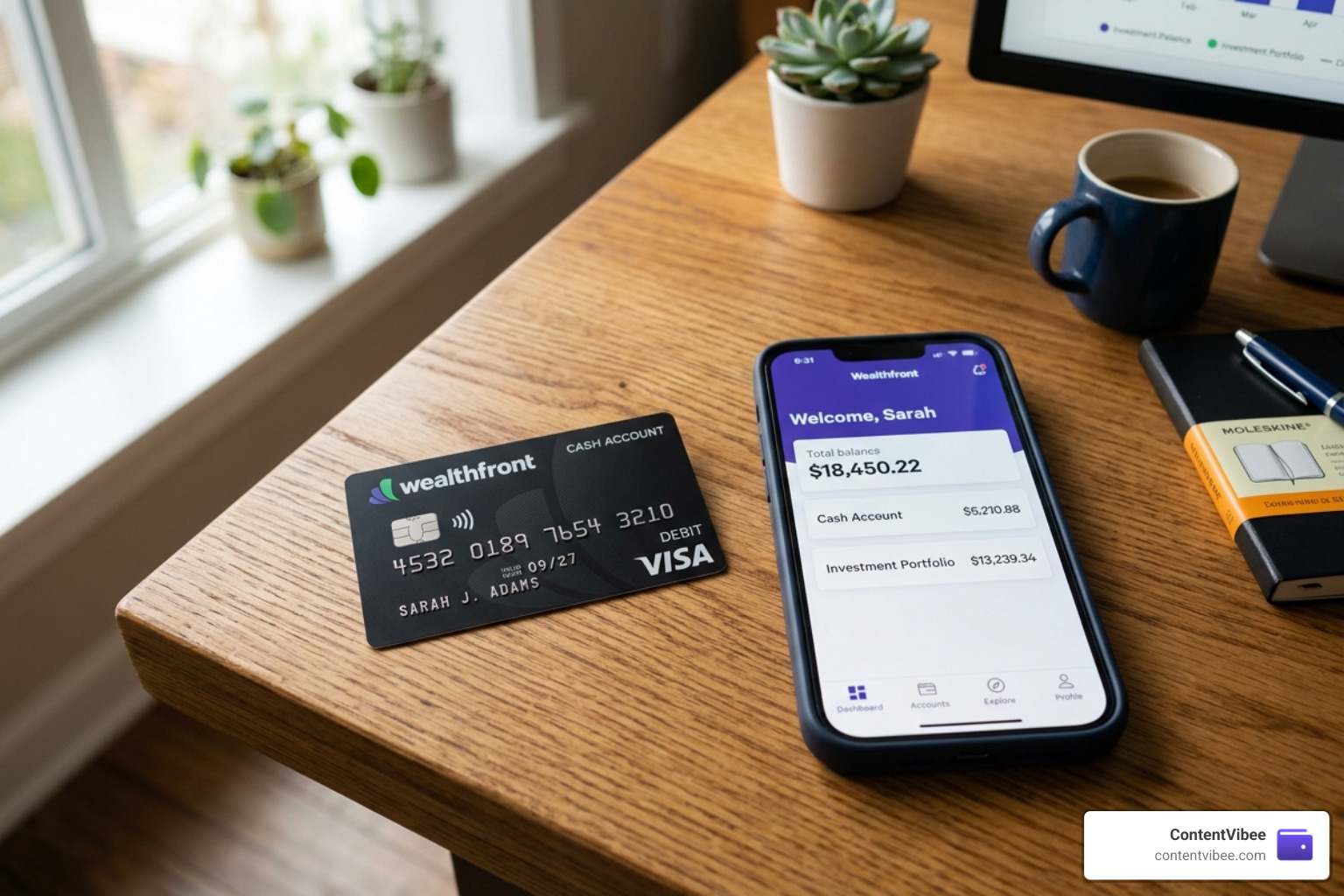 Wealthfront debit card with a sleek design and mobile app phone - Wealthfront Investment Fees Robo Advisor Cost and Returns