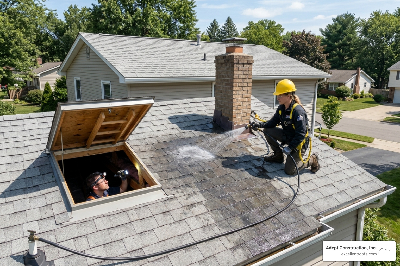 Two people performing a controlled hose test on a shingle roof with one person on the roof and one in the attic - roof leak Two people performing a controlled hose test on a shingle roof with one person on the roof and one in the attic - roof leak