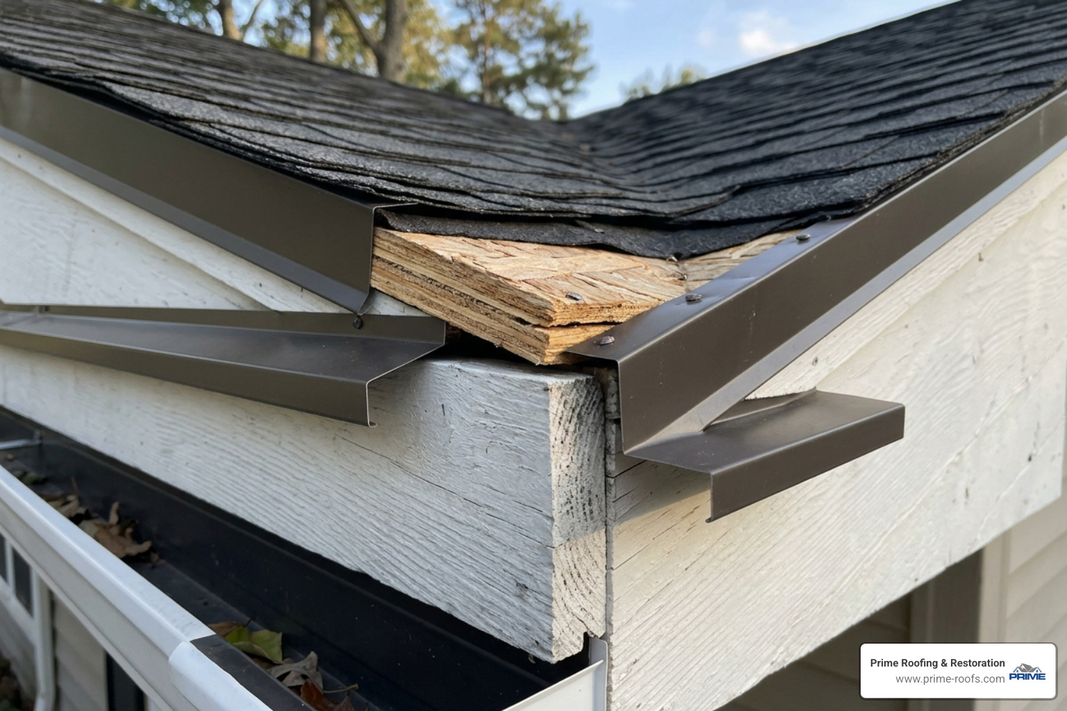 Gap between fascia and roof deck protected by drip edge - drip edge overlap Gap between fascia and roof deck protected by drip edge - drip edge overlap