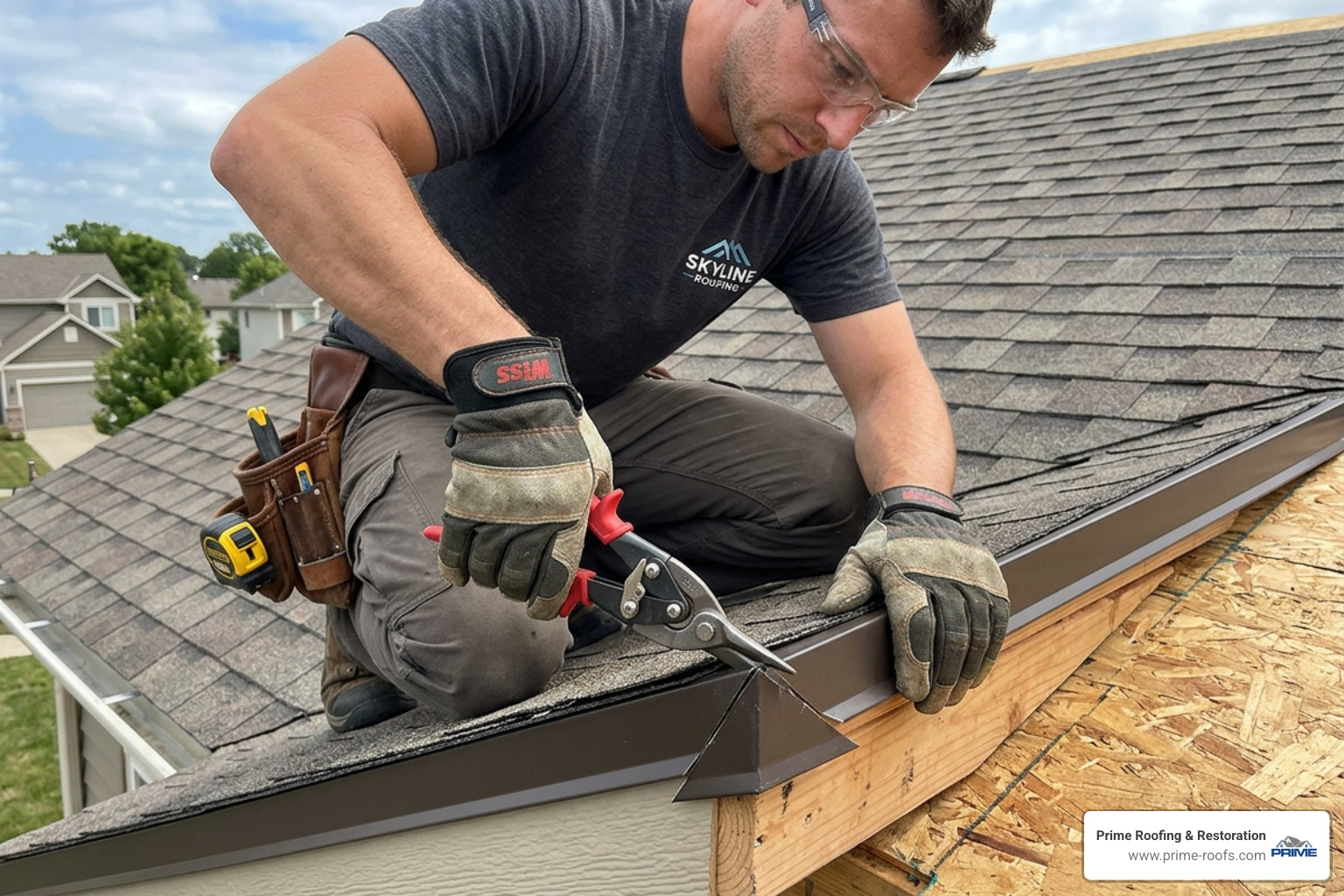 Professional using tin snips to cut a 45-degree angle for a roof corner - drip edge overlap Professional using tin snips to cut a 45-degree angle for a roof corner - drip edge overlap