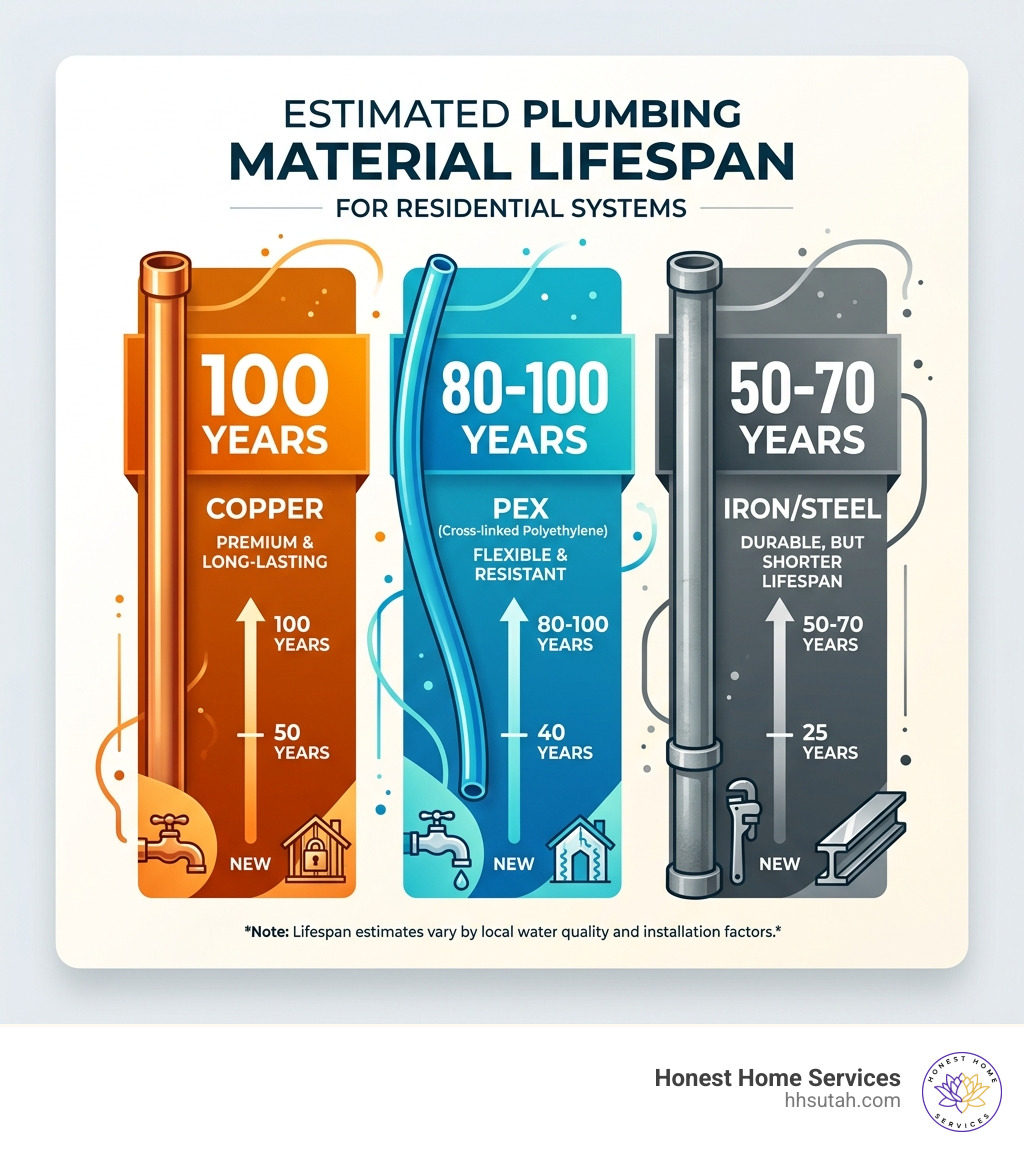 Plumbing material lifespan: Copper 100 years, PEX 80-100 years, Iron/Steel 50-70 years - best plumber salt lake infographic Plumbing material lifespan: Copper 100 years, PEX 80-100 years, Iron/Steel 50-70 years - best plumber salt lake infographic