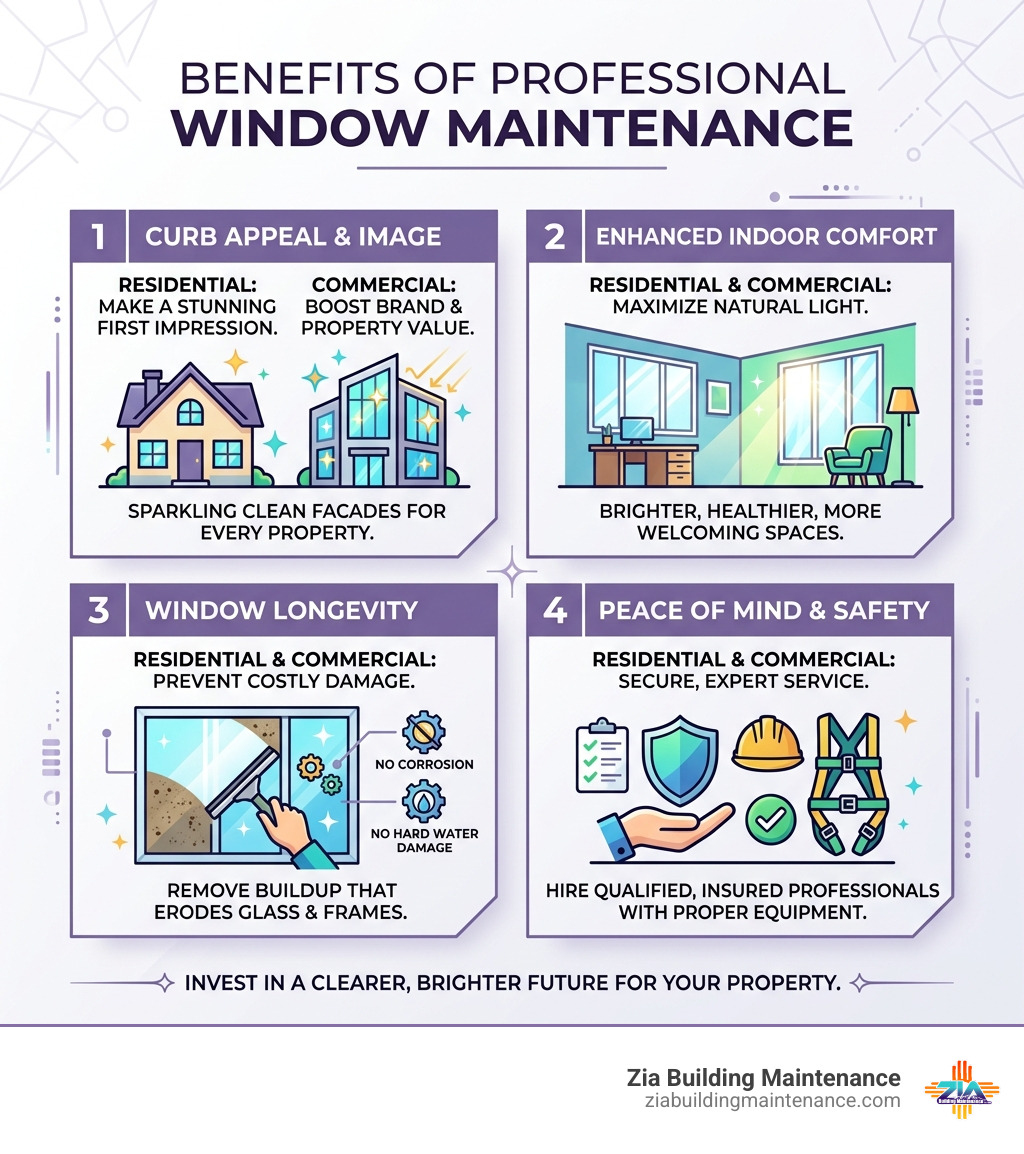 Benefits of professional window maintenance for commercial and residential properties - hire window cleaner infographic Benefits of professional window maintenance for commercial and residential properties - hire window cleaner infographic