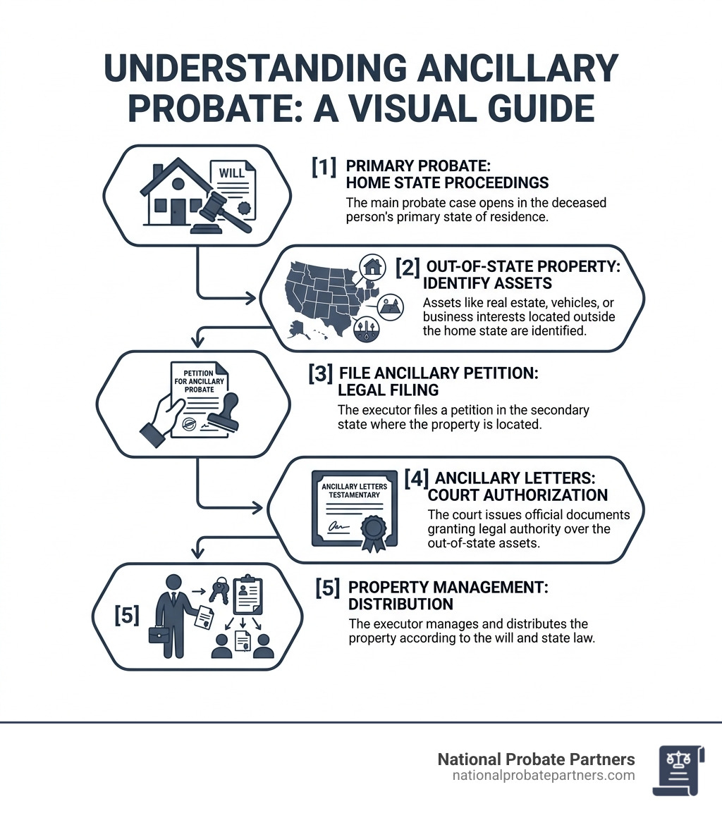 Infographic showing ancillary probate process: home state probate, identify out-of-state assets, file ancillary petition
