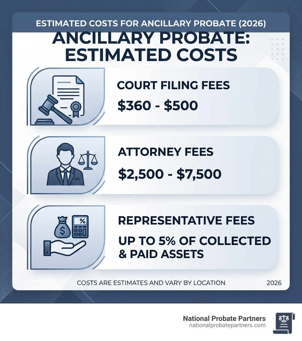 Infographic showing estimated costs: Filing fees $360-$500, Attorney fees $2,500-$7,500, Representative fees up to 5%