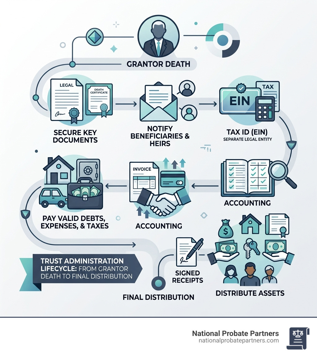 Trust administration lifecycle from grantor death to final distribution infographic - trust administration guide infographic 