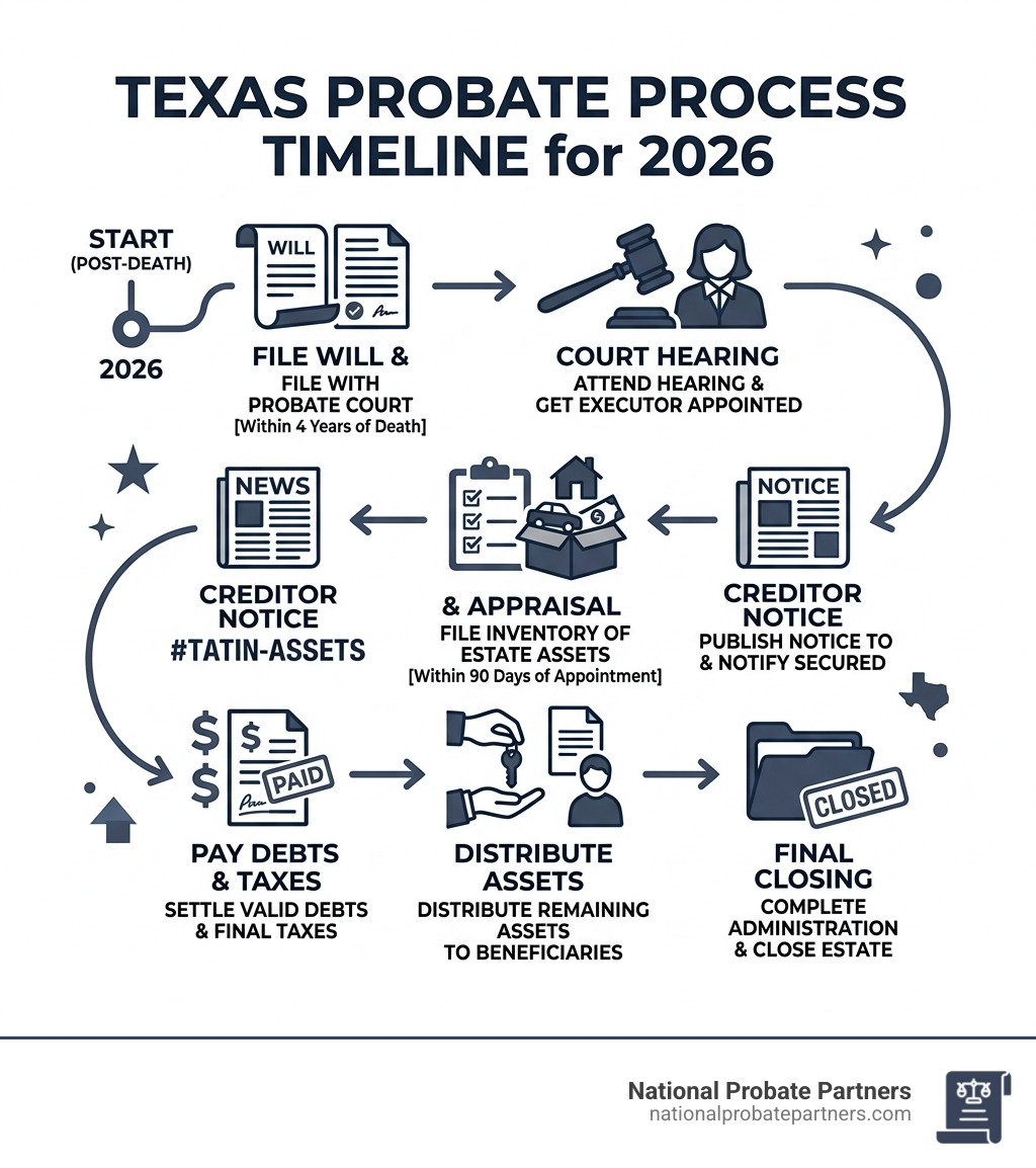 Texas probate process timeline infographic for 2026 showing key steps and deadlines - Texas probate advice infographic 