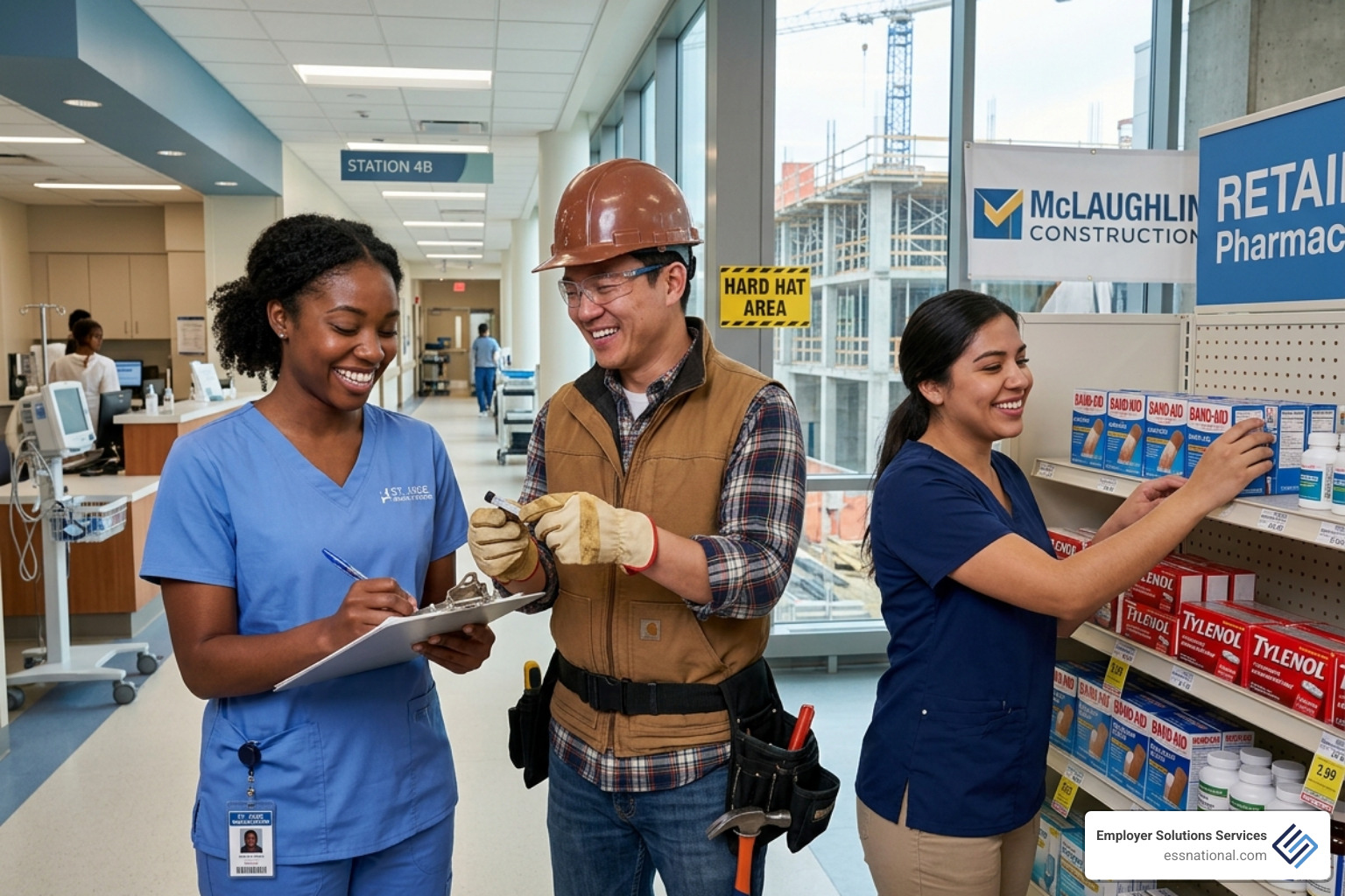 Diverse group of temporary workers in healthcare, construction, and retail settings - payroll for temporary employees