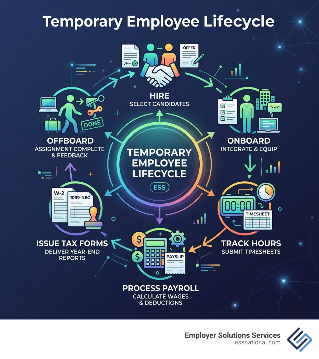Temporary employee lifecycle: hire, onboard, track hours, process payroll, issue tax forms, offboard - payroll for temporary