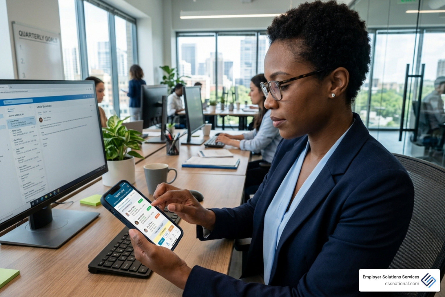Administrator using a mobile app to track temporary worker hours in real-time - payroll for temporary employees