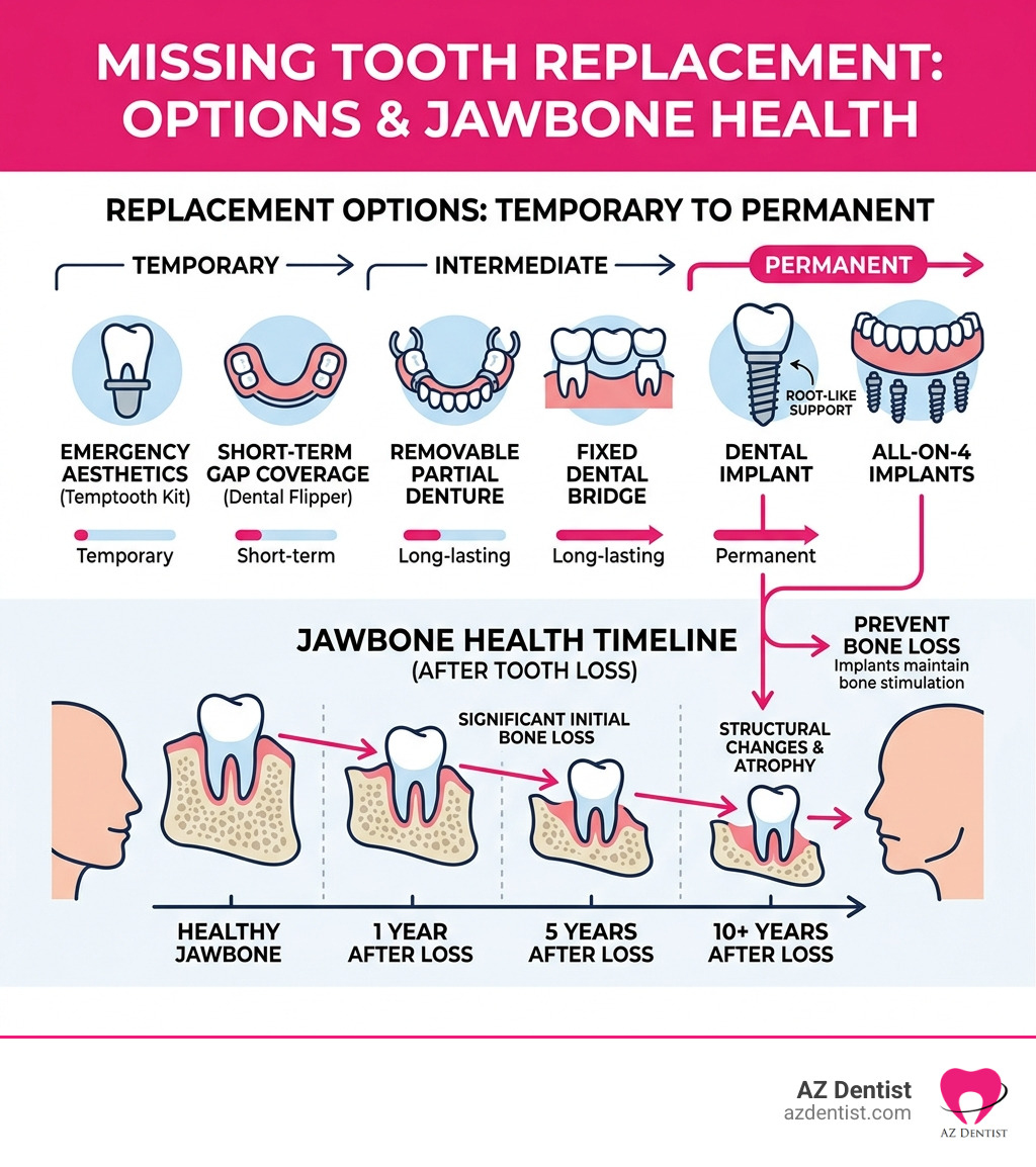 infographic showing missing tooth replacement options from temporary to permanent with bone loss timeline - Missing tooth