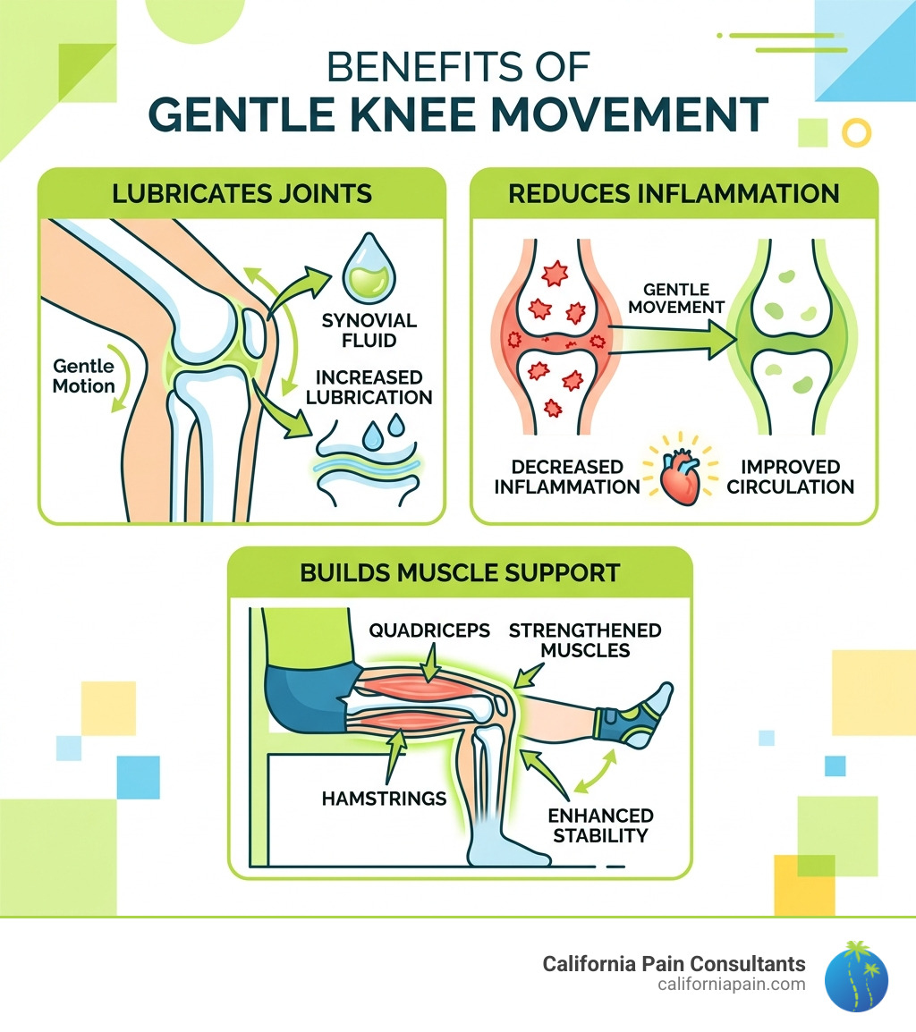 Infographic showing how gentle movement lubricates knee joints, reduces inflammation, and builds muscle support - gentle