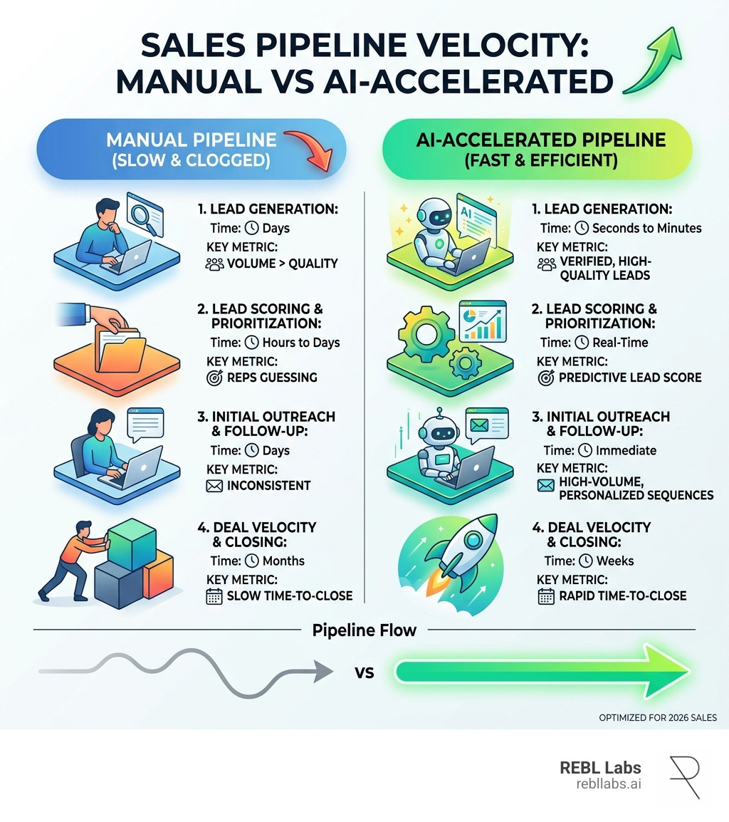 Infographic comparing manual sales pipeline velocity vs AI-accelerated pipeline stages and metrics - AI for sales pipelines
