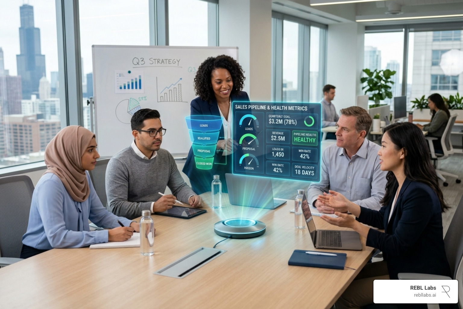 Sales team collaborating with an AI hologram to analyze pipeline health - AI for sales pipelines