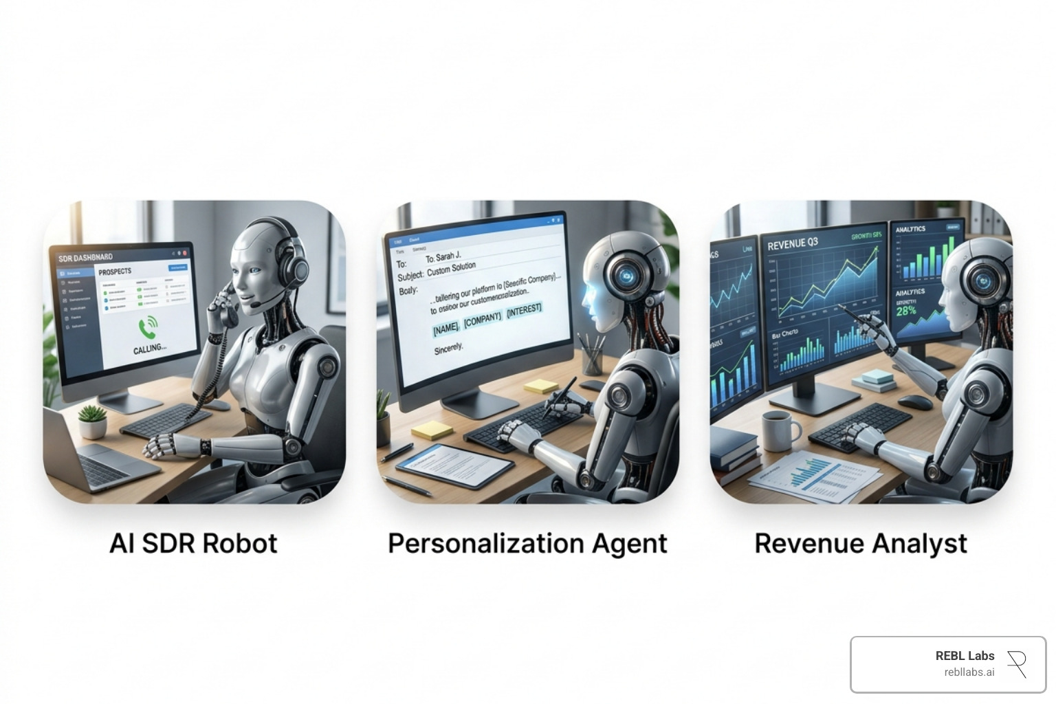 Icons representing AI SDRs, Personalization Agents, and Revenue Analysts - AI for sales pipelines