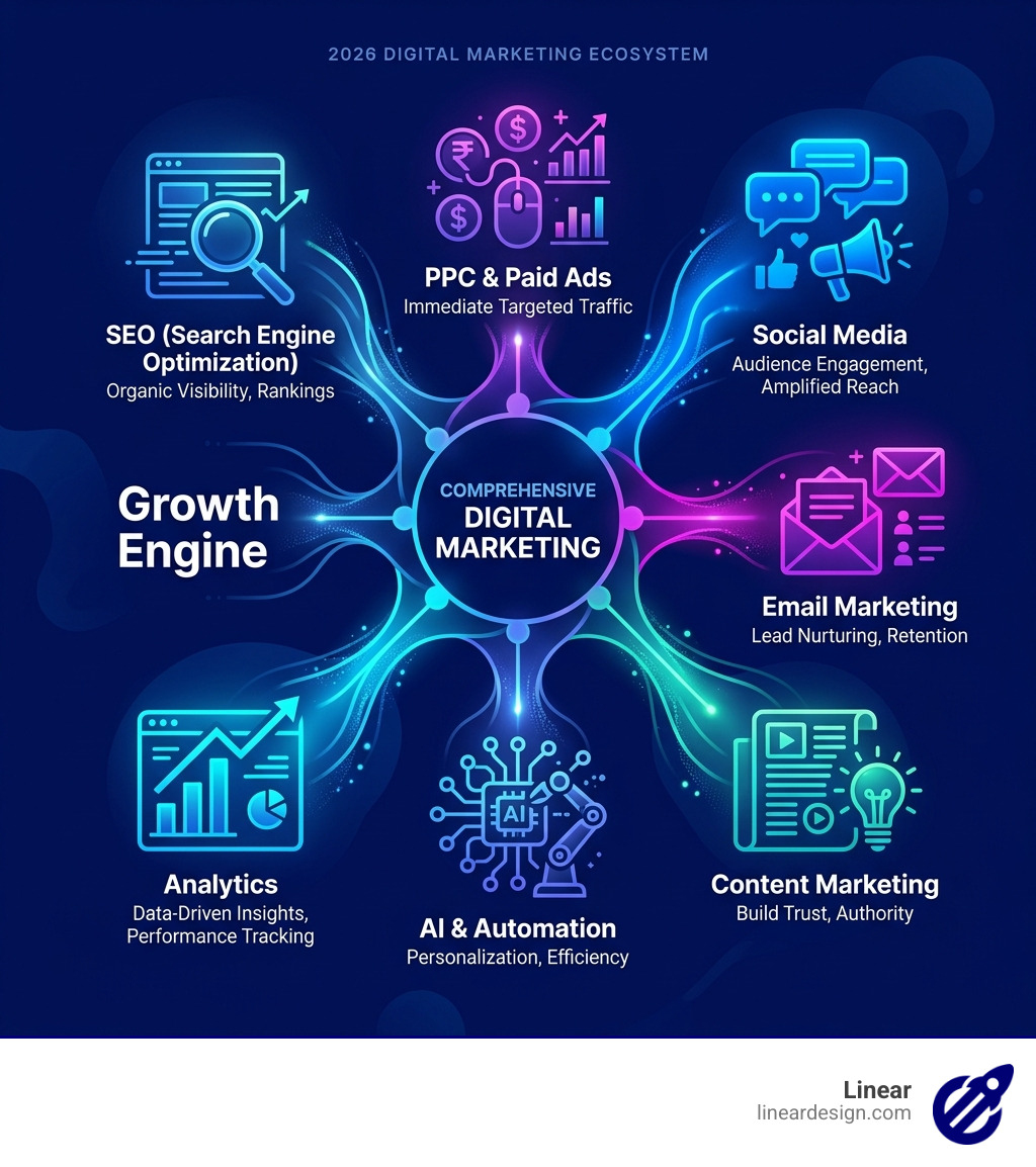 2026 digital marketing ecosystem showing SEO, PPC, social, email, content, AI, and analytics channels - comprehensive