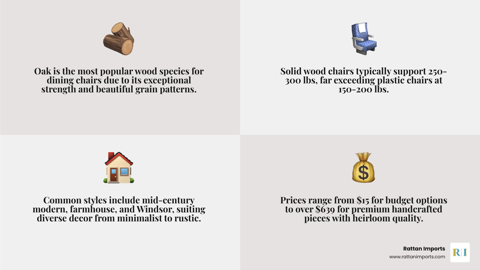 infographic showing types, wood species, price ranges, and key features of wooden dining chairs - wooden dining chairs