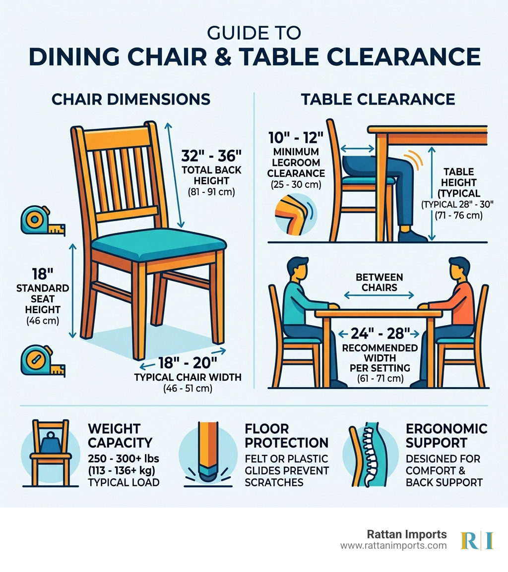 infographic showing standard chair dimensions and table clearance - wooden dining chairs infographic