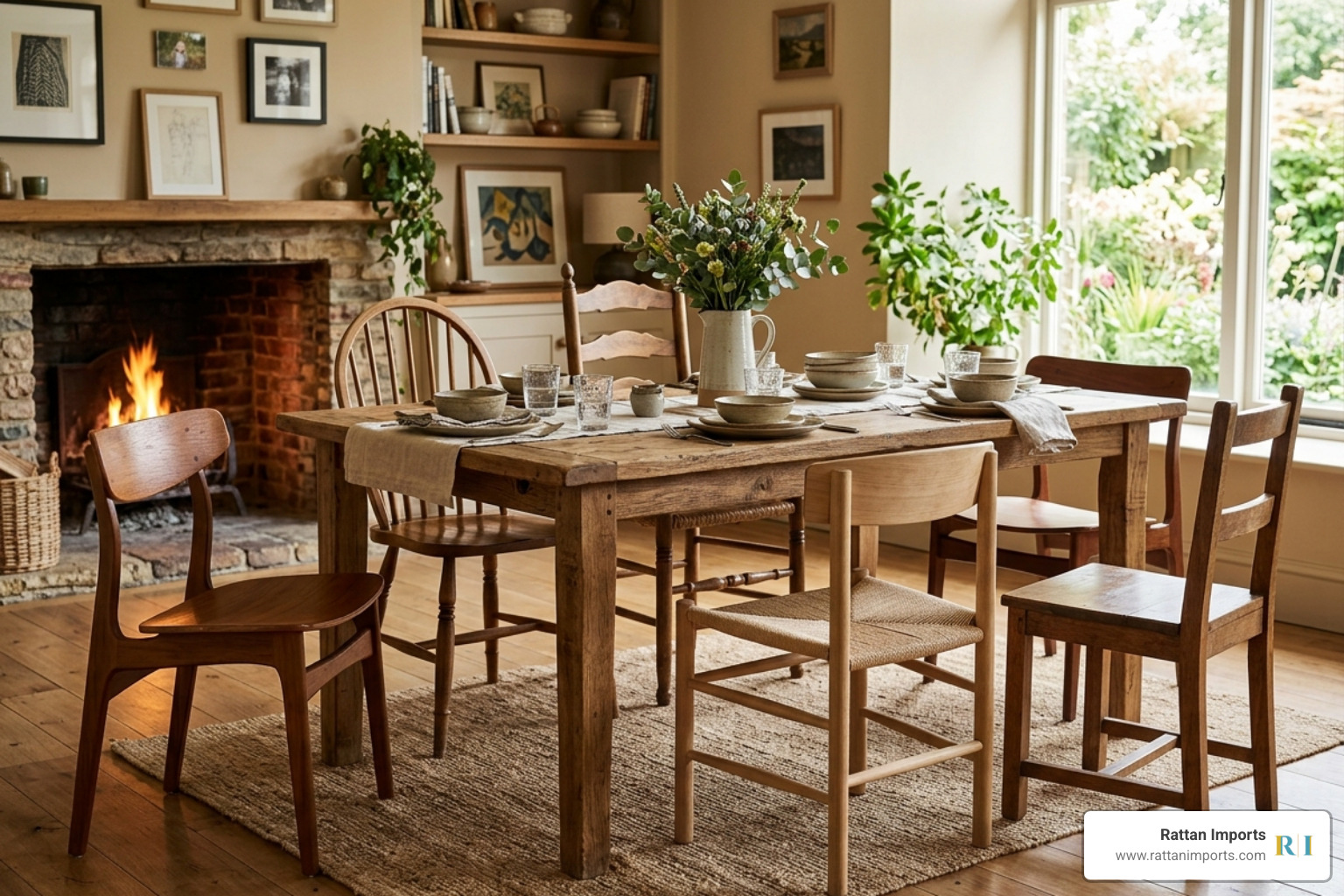 image of mixed chair styles around a rustic table - wooden dining chairs