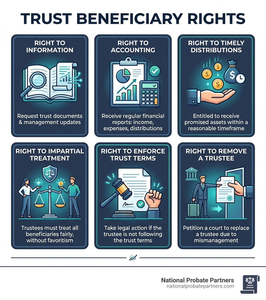 Infographic showing trust beneficiary rights: information, accounting, distributions, impartial treatment, enforce terms