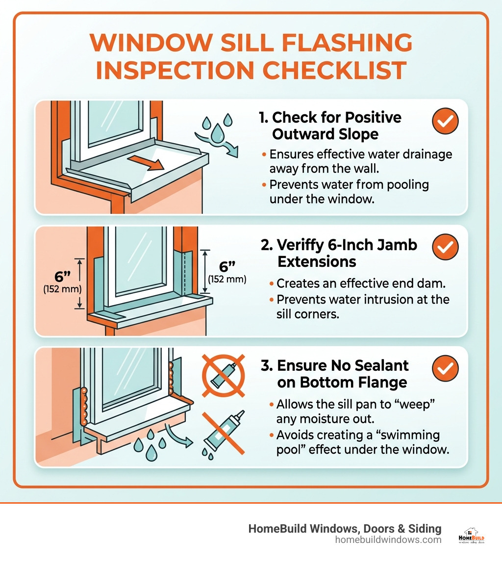 Infographic checklist for inspecting window sill flashing: check for outward slope, 6-inch jamb extensions, and no sealant