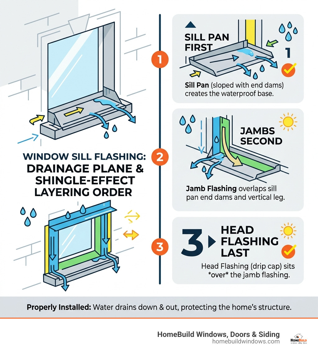 Infographic showing drainage plane and shingle-effect layering order for window sill flashing: sill pan first, jambs second