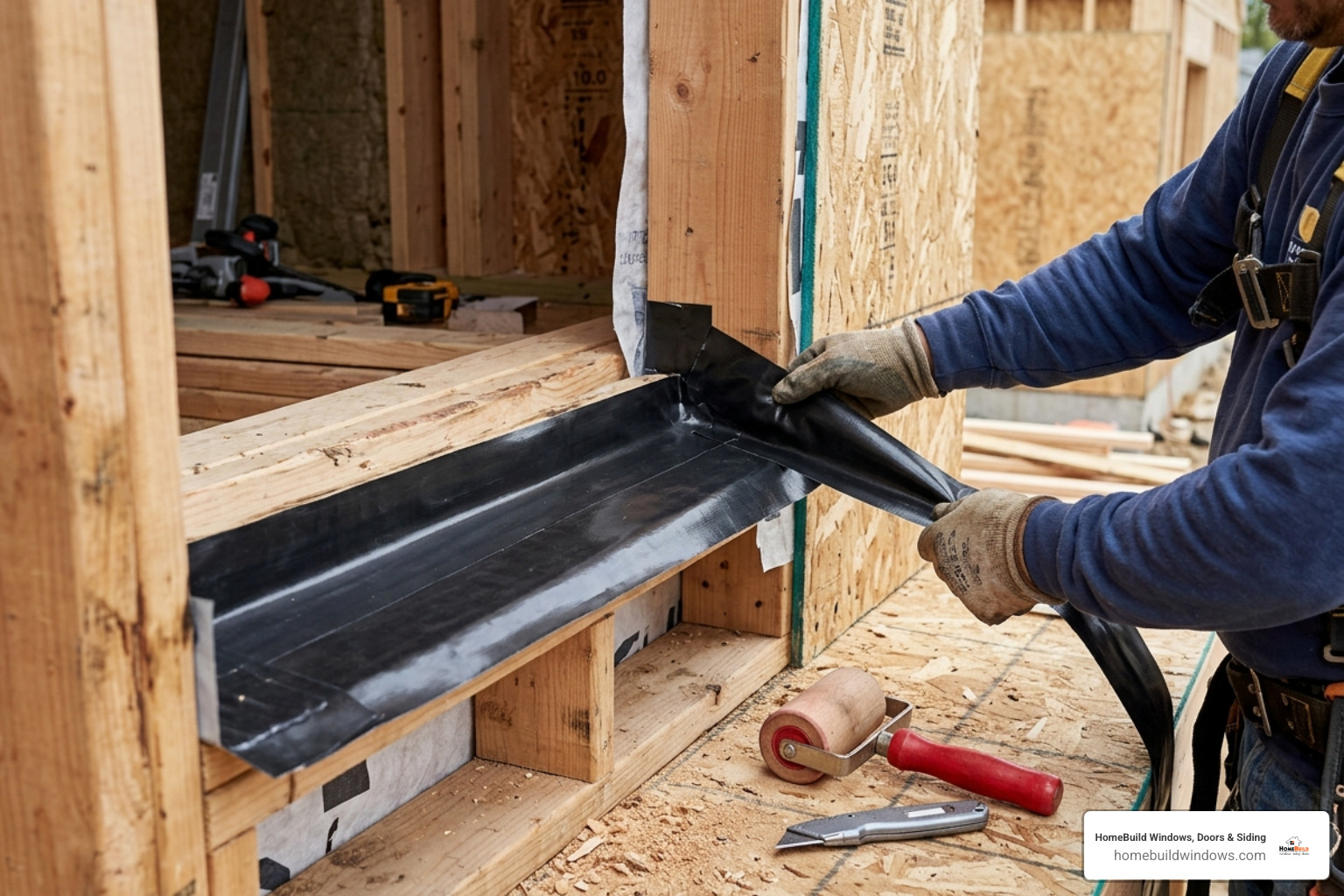 Applying flexible flashing membrane over a sloped rough sill to create a waterproof pan - window sill flashing