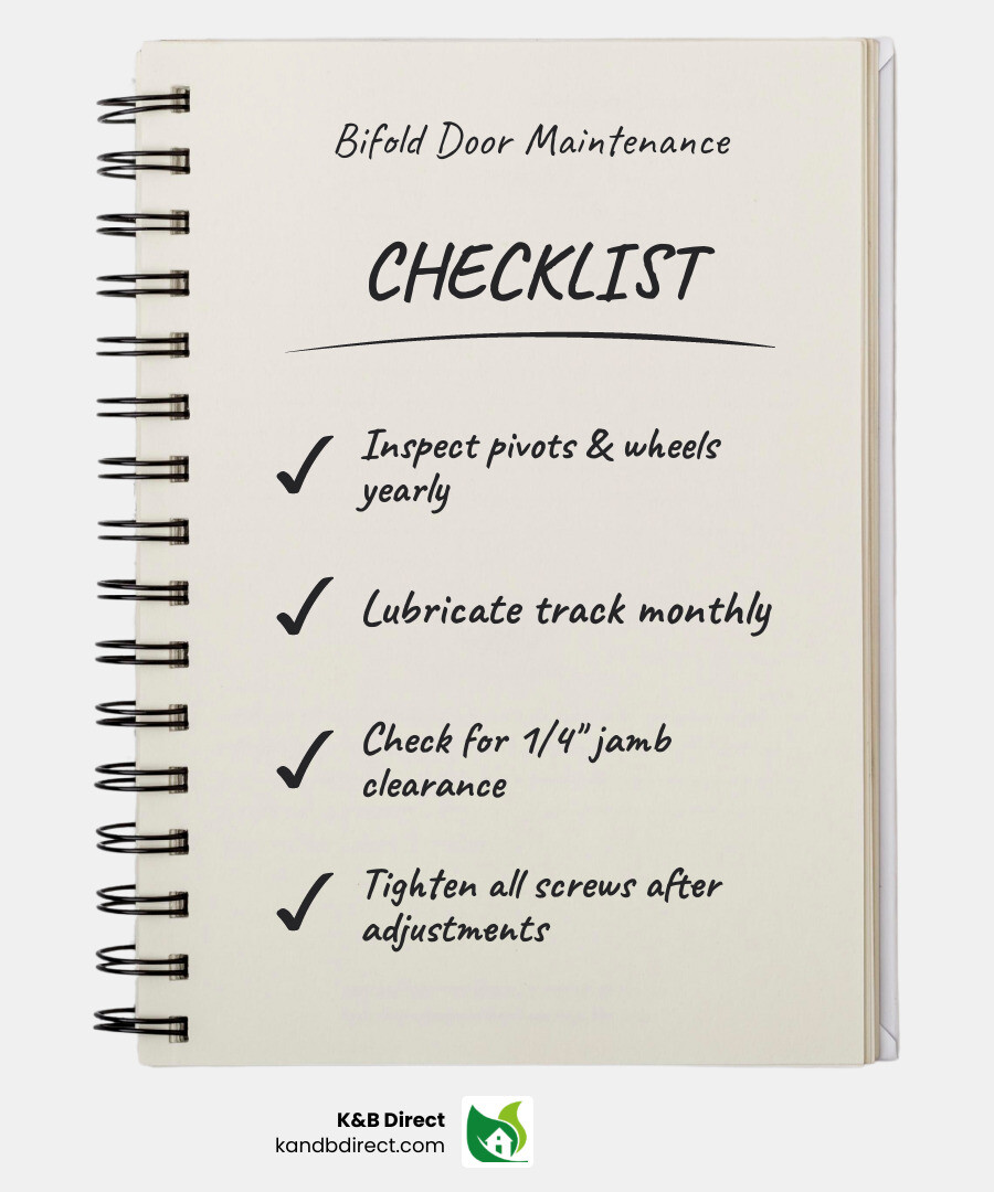 Infographic summarizing maintenance tips for bifold doors - bi fold door repair kit instructions infographic
