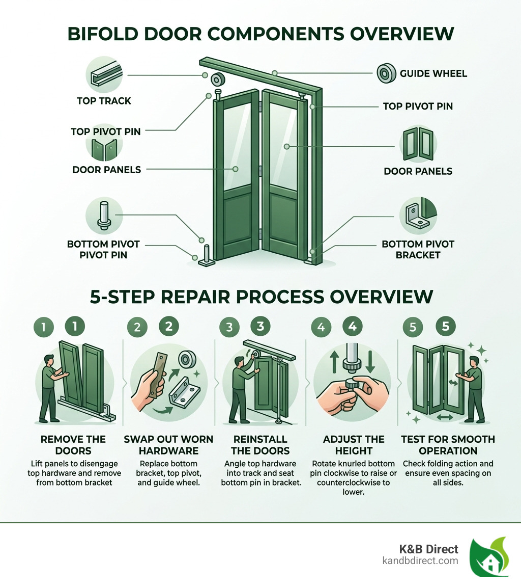 Infographic showing bifold door components and 5-step repair process overview - bi fold door repair kit instructions