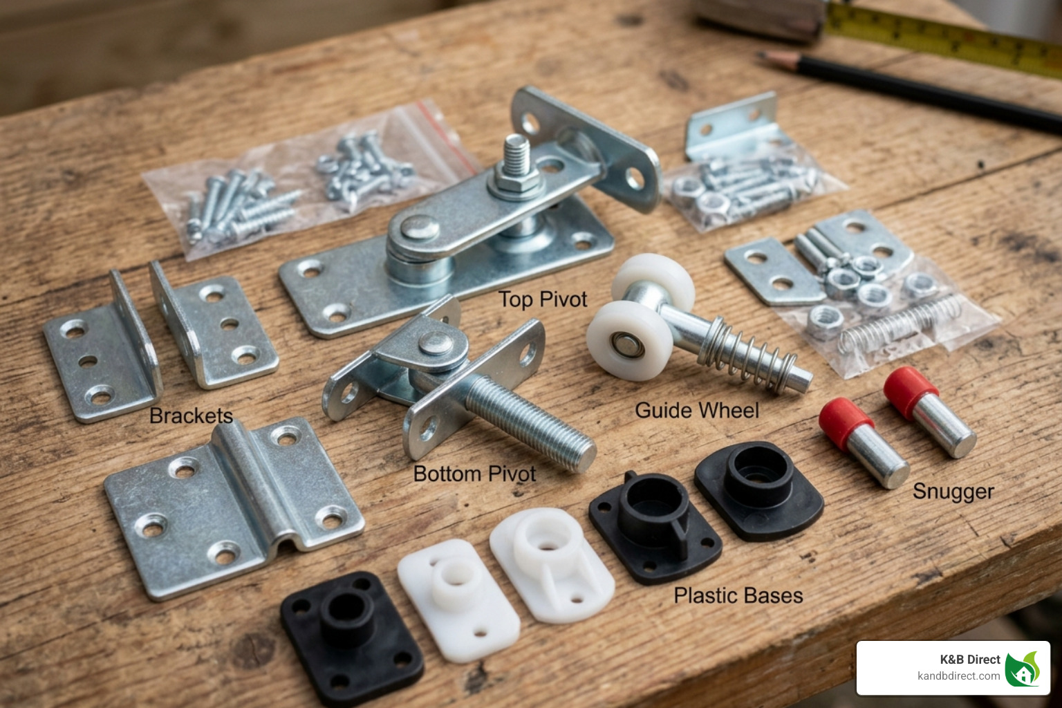 Hardware kit components including pivots, guides, and brackets - bi fold door repair kit instructions