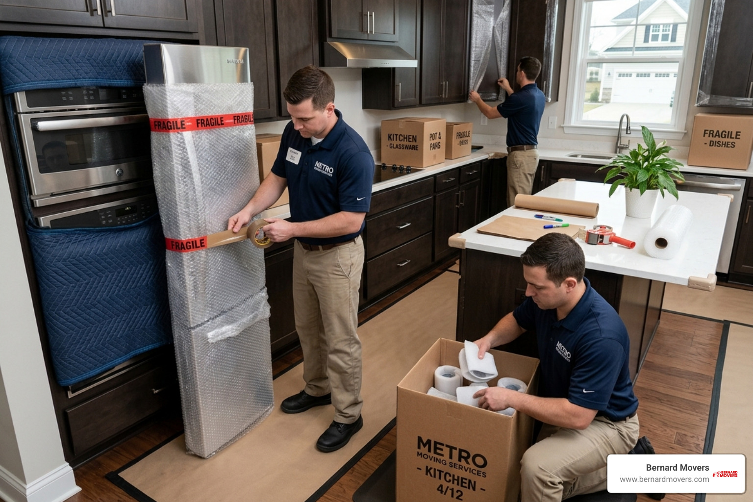 Professional movers carefully packing a modern kitchen with high-quality materials - moving companies in south suburbs of