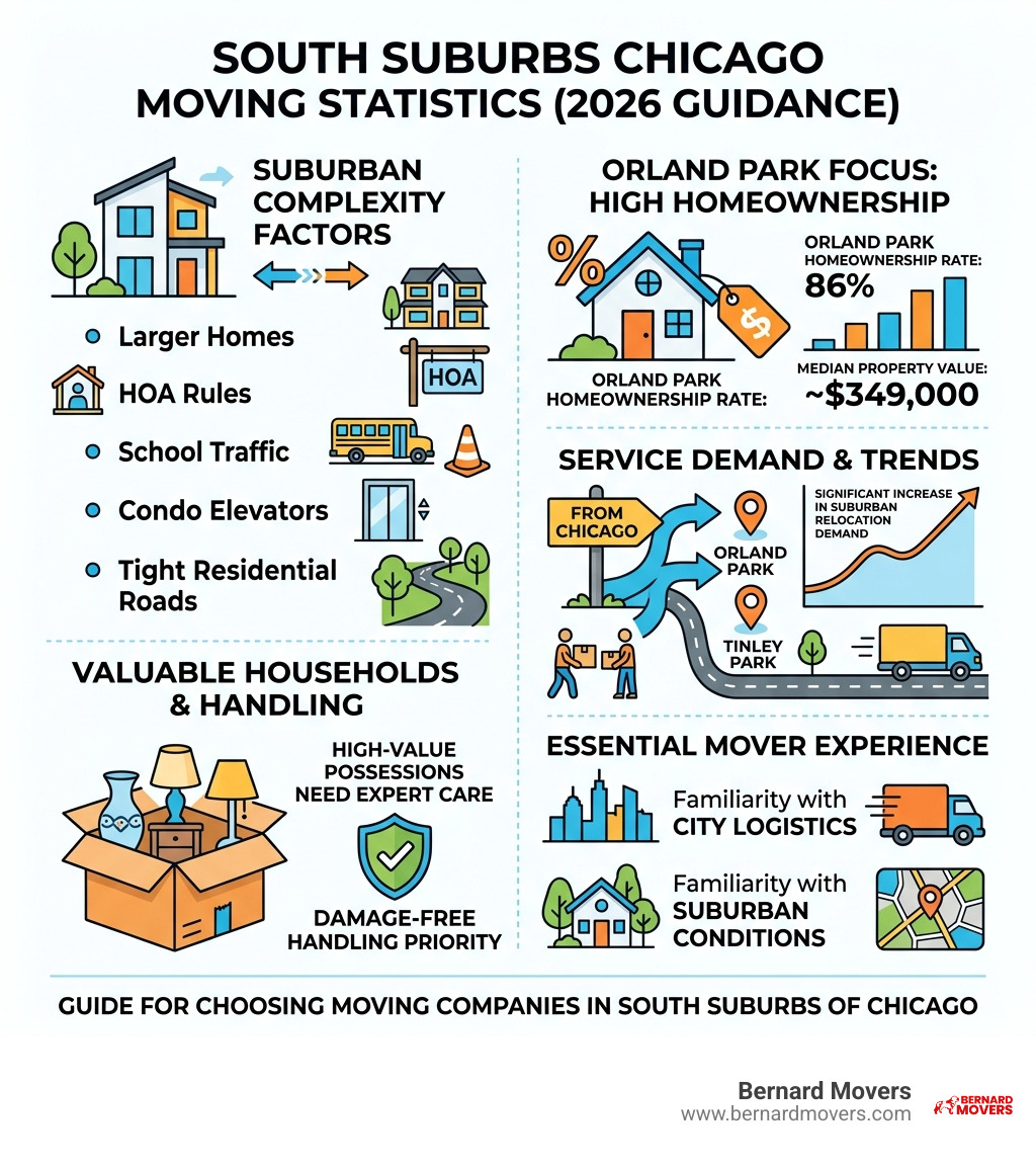 Key moving statistics for south suburbs of Chicago including Orland Park damage-free rates and service demand - moving