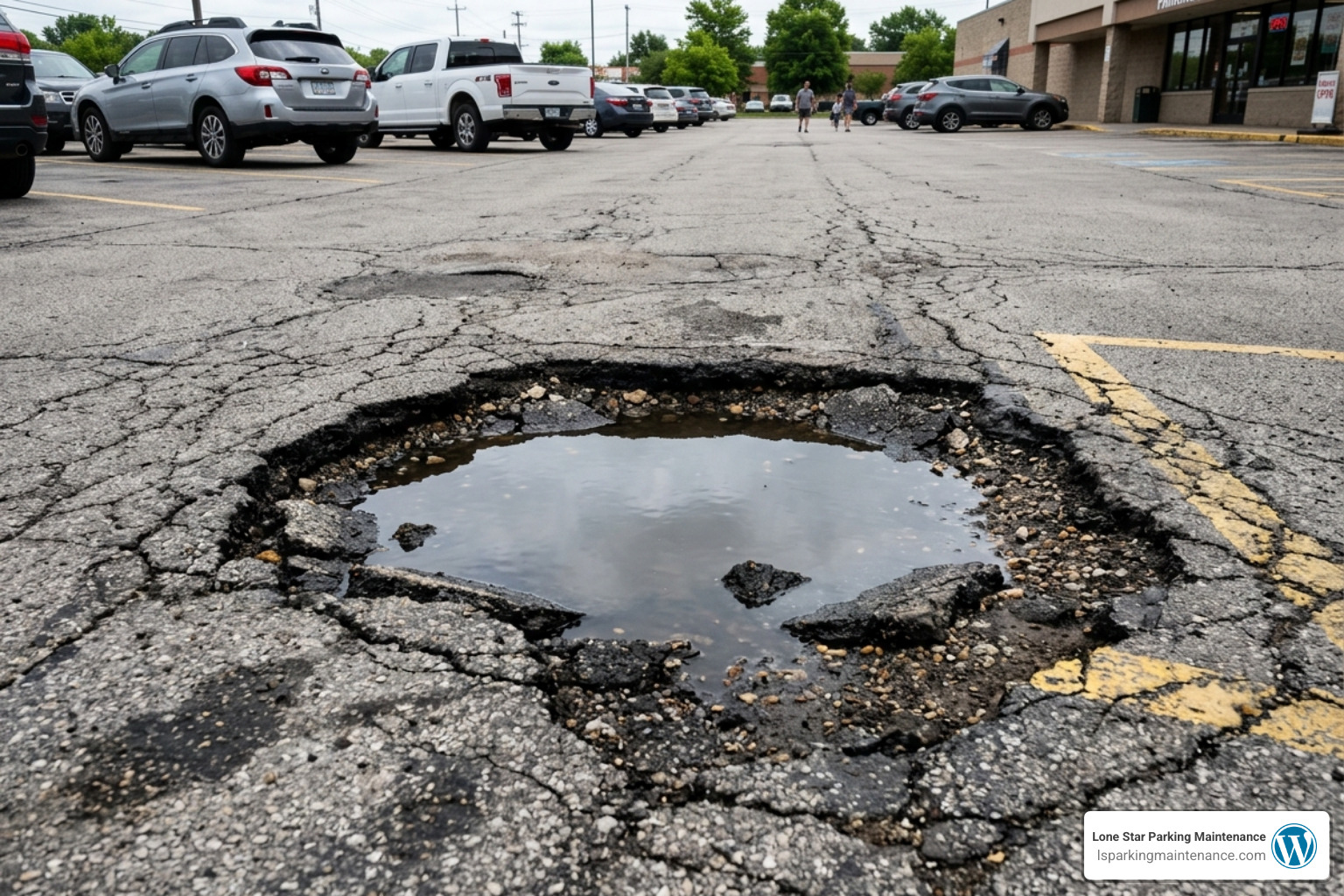 severe pothole damage caused by standing water in a parking lot - parking lot drainage severe pothole damage caused by standing water in a parking lot - parking lot drainage