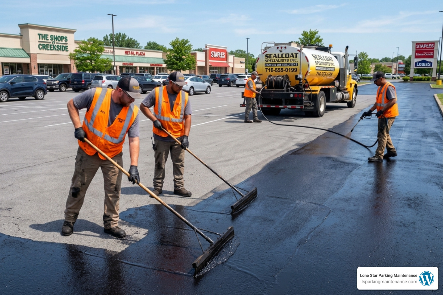crew applying a protective sealcoat to a new asphalt surface - parking lot resurfacing crew applying a protective sealcoat to a new asphalt surface - parking lot resurfacing