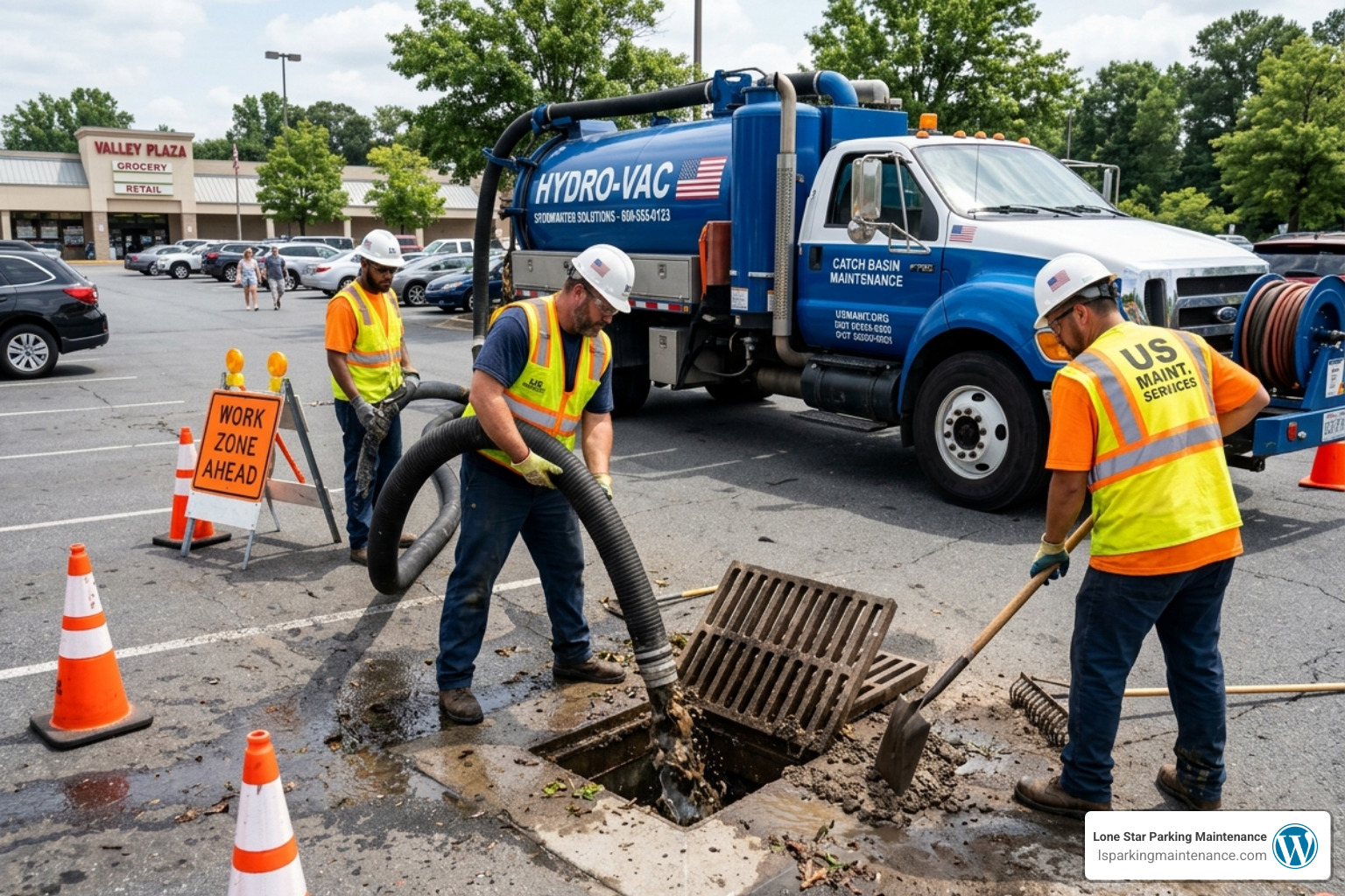 professional crew clearing a clogged catch basin with specialized equipment - parking lot drainage professional crew clearing a clogged catch basin with specialized equipment - parking lot drainage