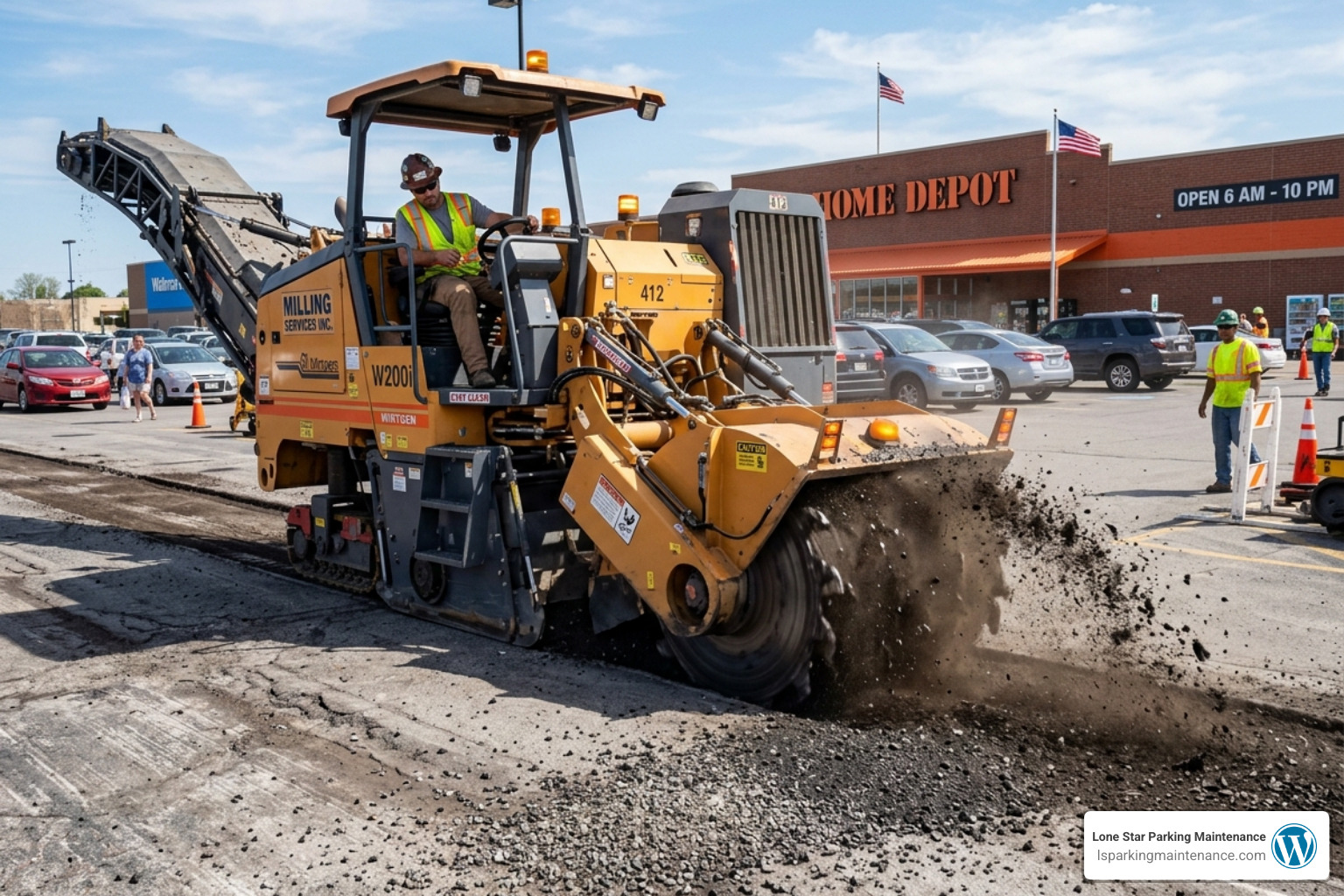 milling machine removing the top layer of old asphalt - parking lot resurfacing milling machine removing the top layer of old asphalt - parking lot resurfacing
