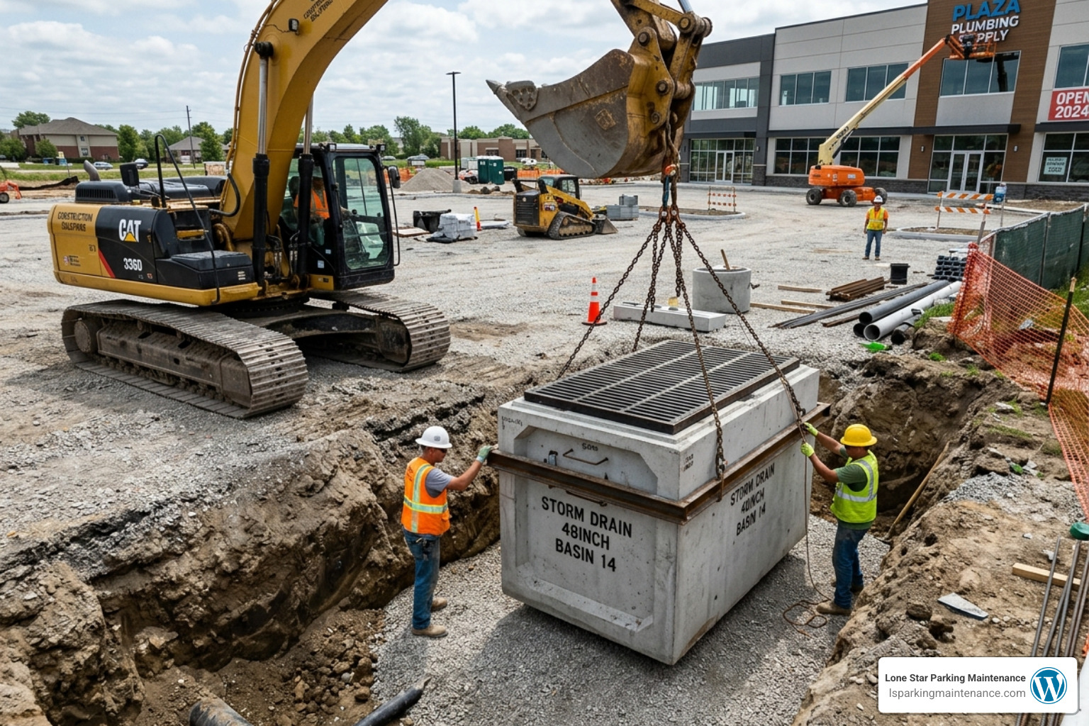heavy-duty concrete-encased drainage basin being installed - parking lot drainage heavy-duty concrete-encased drainage basin being installed - parking lot drainage