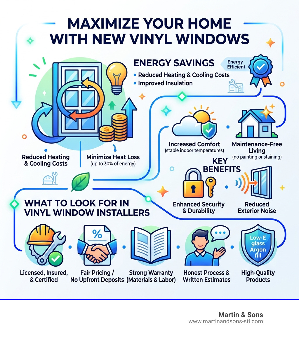 Infographic showing energy savings, key benefits, and what to look for in vinyl window installers - vinyl window installers Infographic showing energy savings, key benefits, and what to look for in vinyl window installers - vinyl window installers