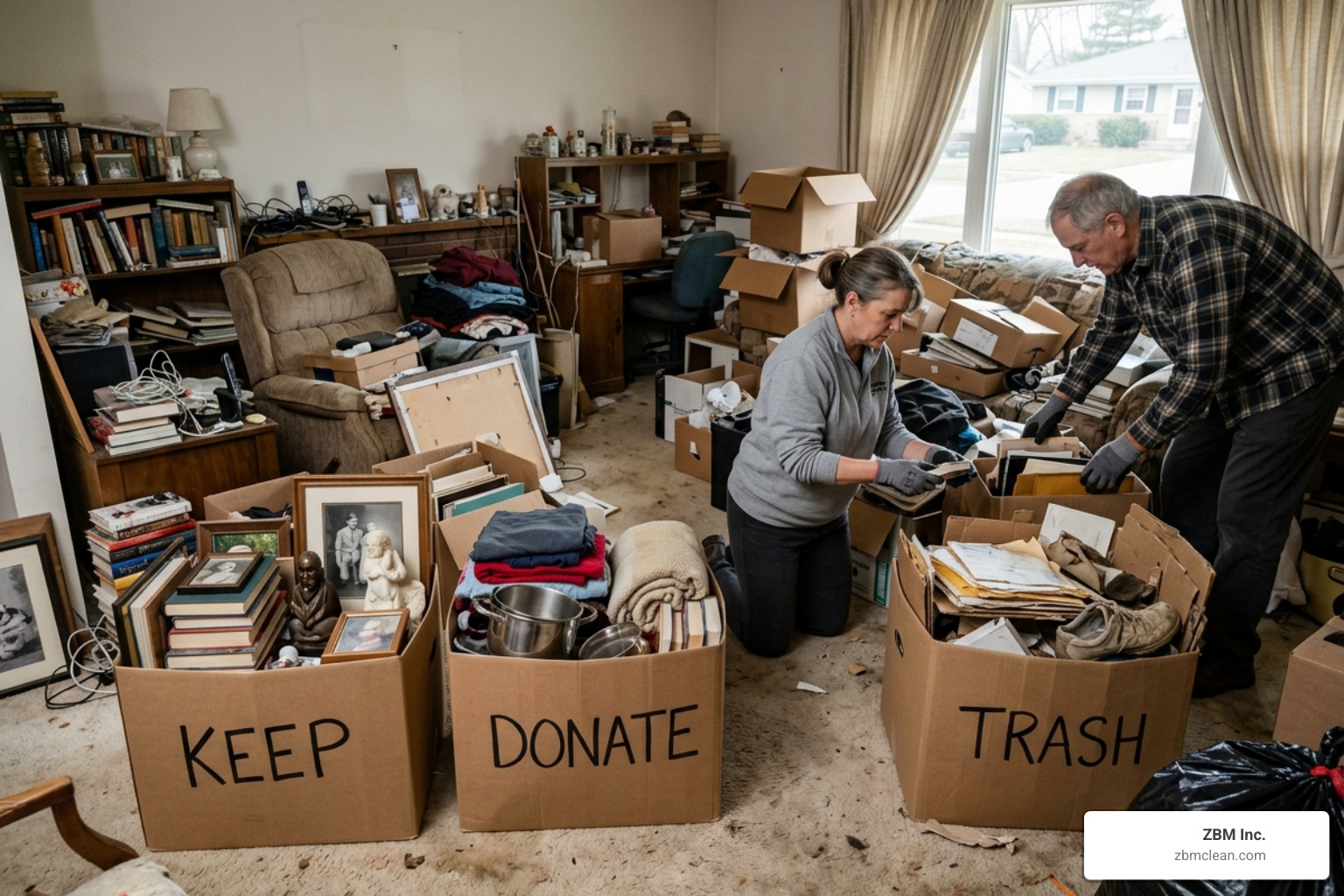 A sorting staging area with clearly labeled boxes for Keep, Donate, and Trash - help cleaning out a hoarders house A sorting staging area with clearly labeled boxes for Keep, Donate, and Trash - help cleaning out a hoarders house