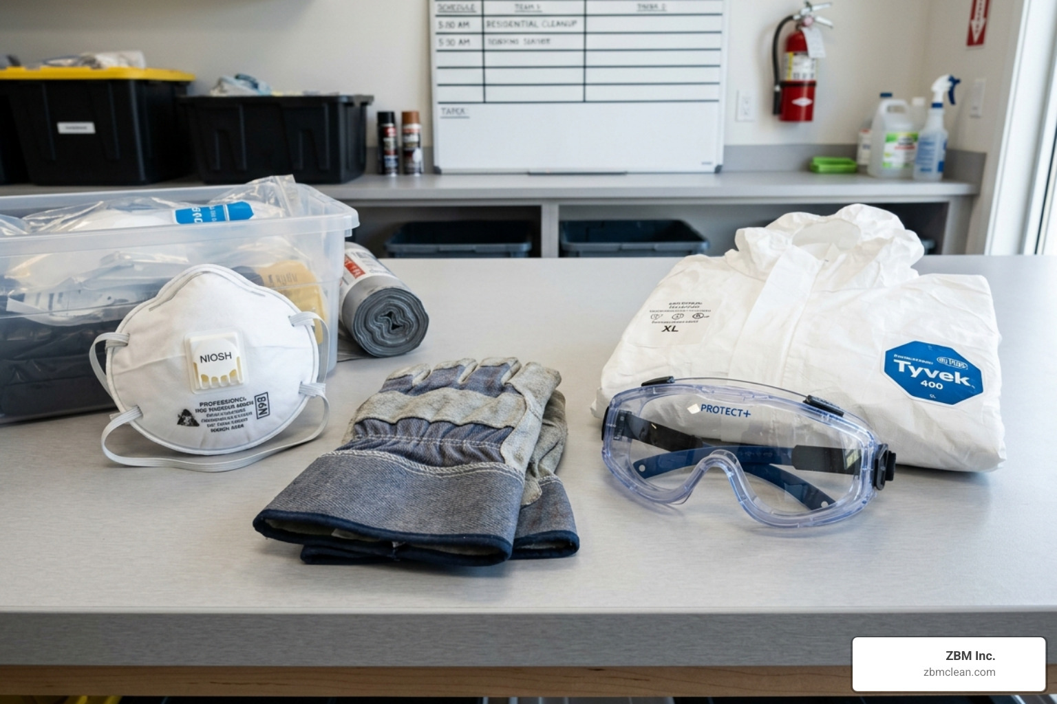 Essential personal protective equipment (PPE) including N95 masks, heavy-duty gloves, and goggles - help cleaning out a Essential personal protective equipment (PPE) including N95 masks, heavy-duty gloves, and goggles - help cleaning out a