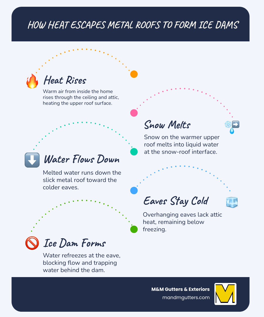 How heat escapes through metal roofs to create ice dams at the eaves - heat tape for metal roofs infographic