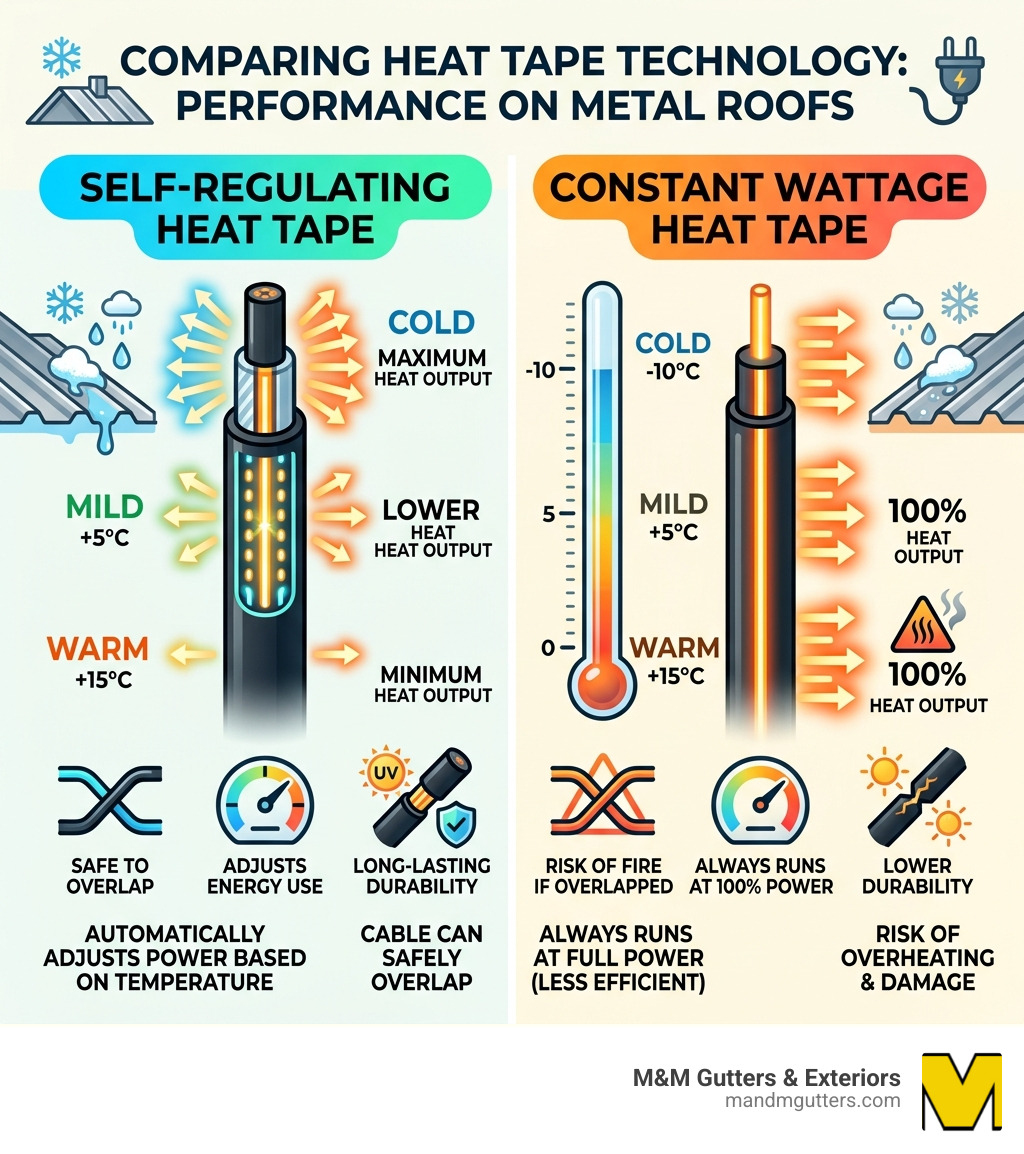 comparison of self-regulating vs constant wattage performance - heat tape for metal roofs infographic 