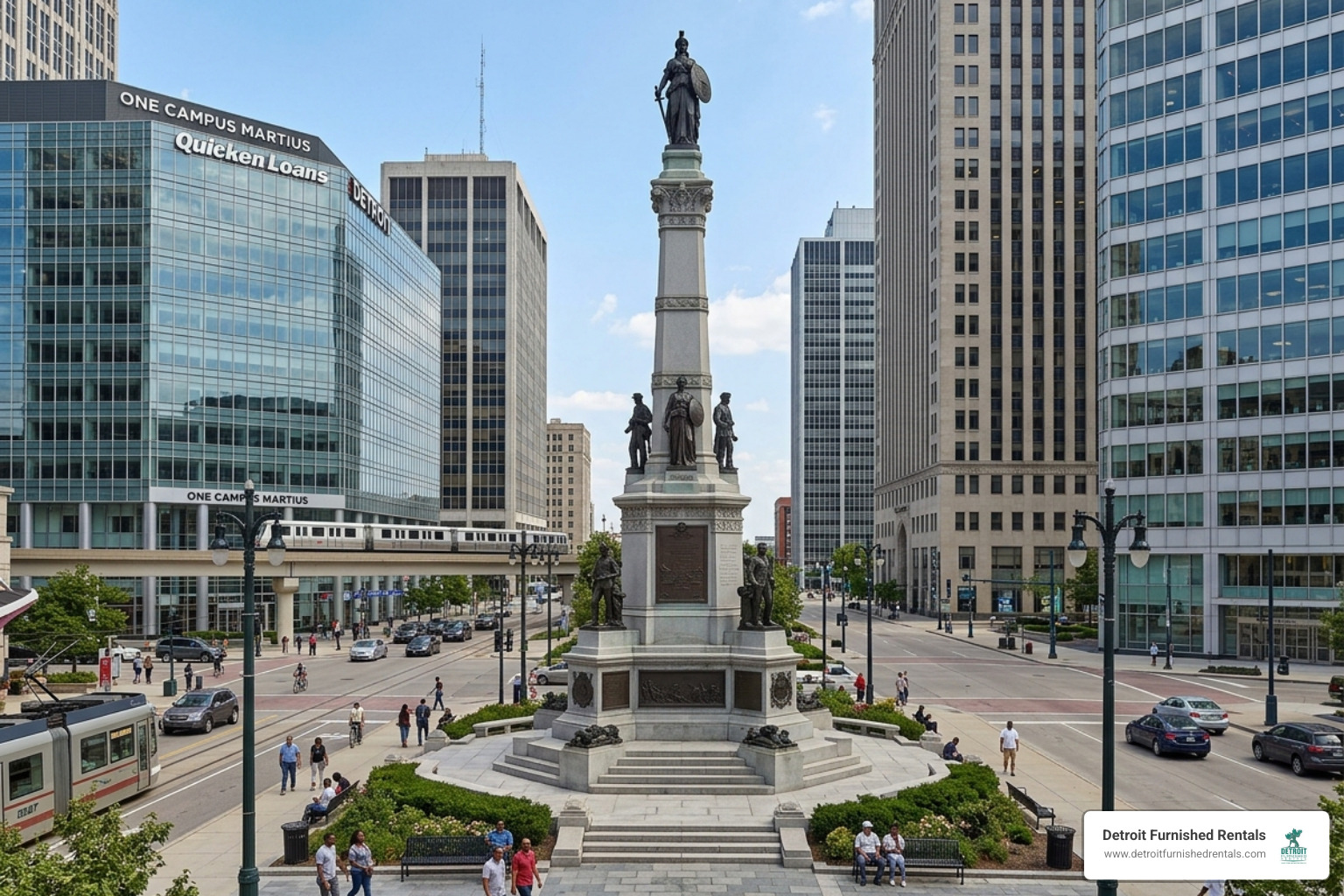 The Soldiers and Sailors Monument Detroit standing at the busy intersection of Woodward and Michigan Avenue - Soldiers and