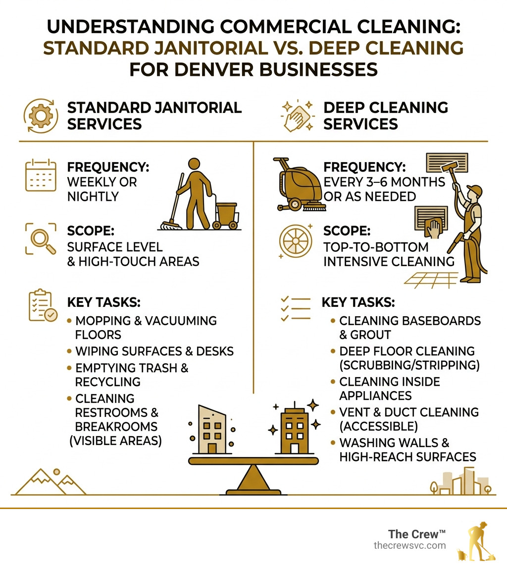 Infographic showing difference between standard janitorial and deep cleaning services for Denver businesses - deep cleaning Infographic showing difference between standard janitorial and deep cleaning services for Denver businesses - deep cleaning