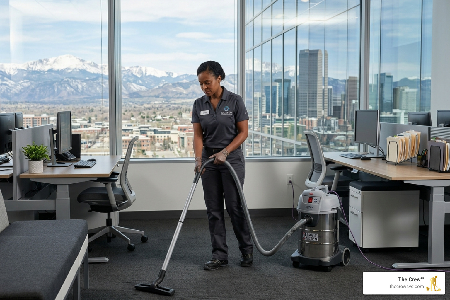 Professional cleaner using a HEPA vacuum in a Denver office - deep cleaning services denver Professional cleaner using a HEPA vacuum in a Denver office - deep cleaning services denver
