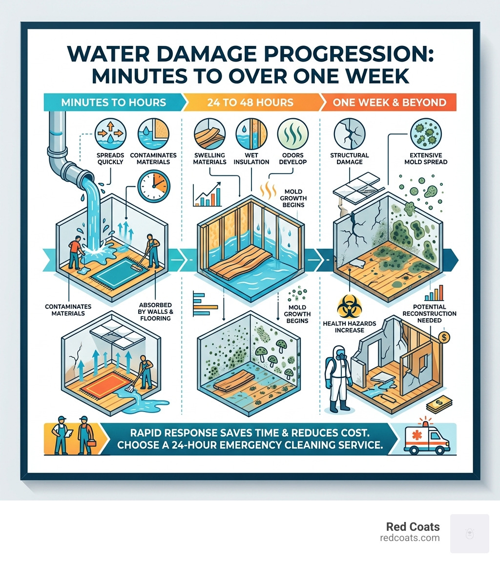 Timeline infographic showing water damage progression from minutes to over one week - 24-hour emergency cleaning services