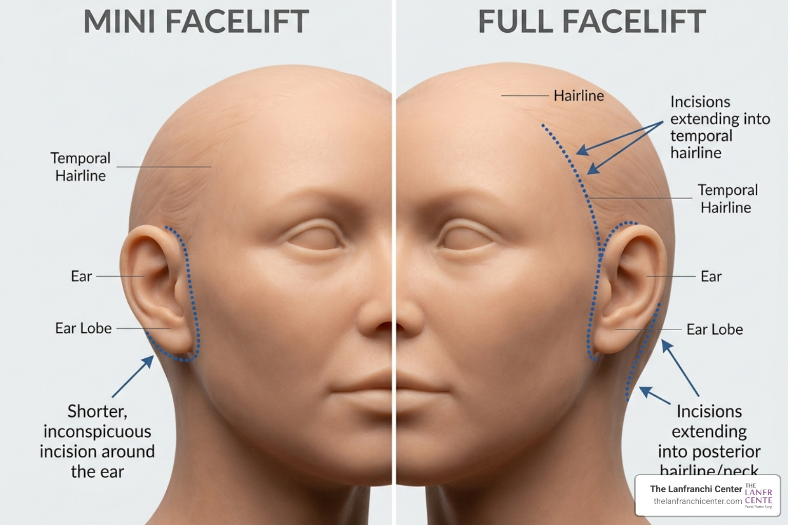 Incision placements: mini facelift vs full facelift comparison - local anesthesia facelift henderson Incision placements: mini facelift vs full facelift comparison - local anesthesia facelift henderson