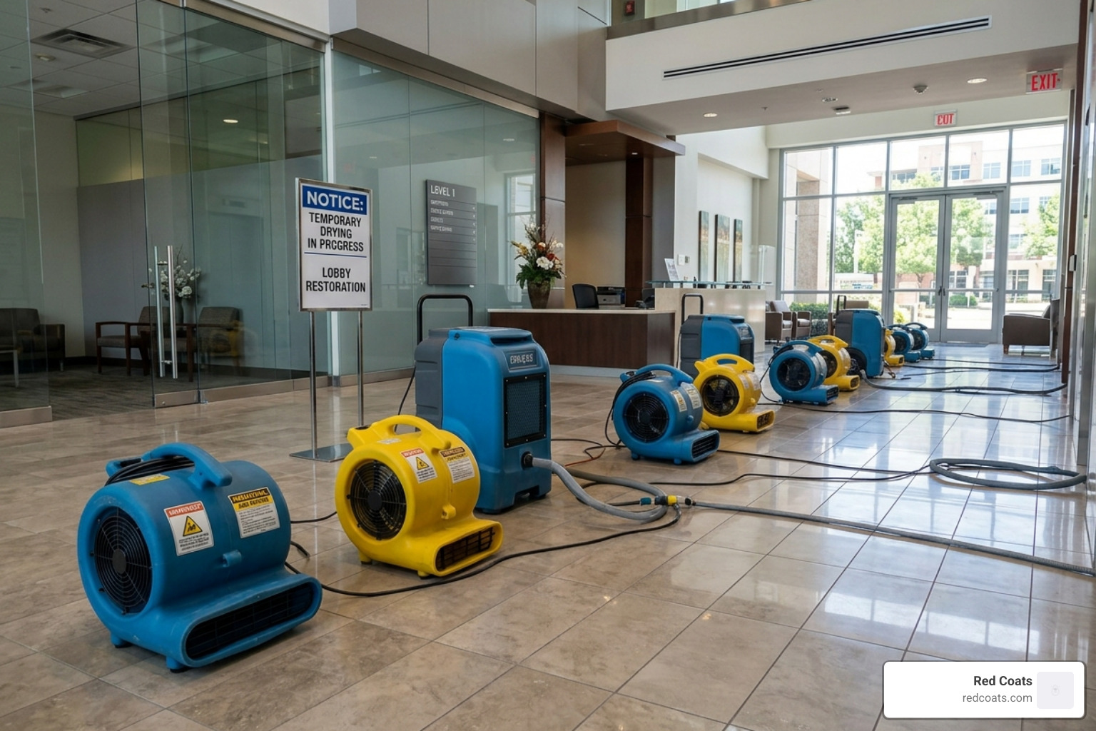 Industrial air movers and dehumidifiers positioned in a commercial lobby - 24-hour emergency cleaning services