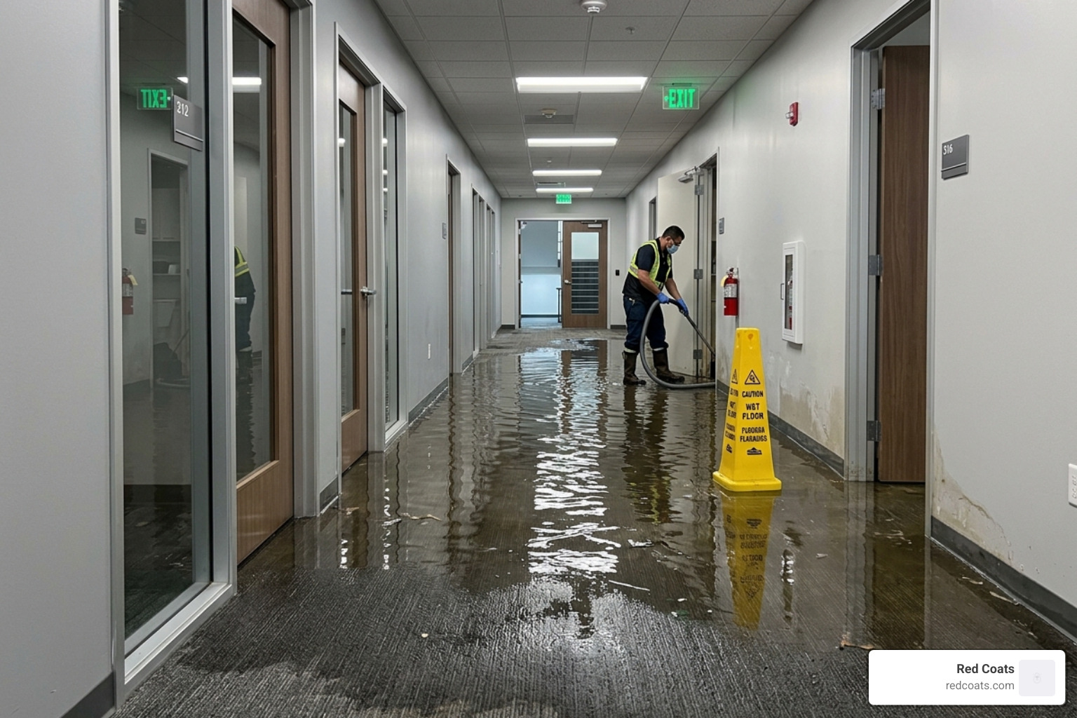 Flooded office hallway with standing water and damaged carpets - 24-hour emergency cleaning services
