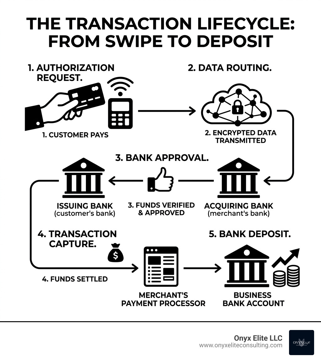 Infographic showing the 5-step process from card swipe to bank deposit - credit card processor for small business